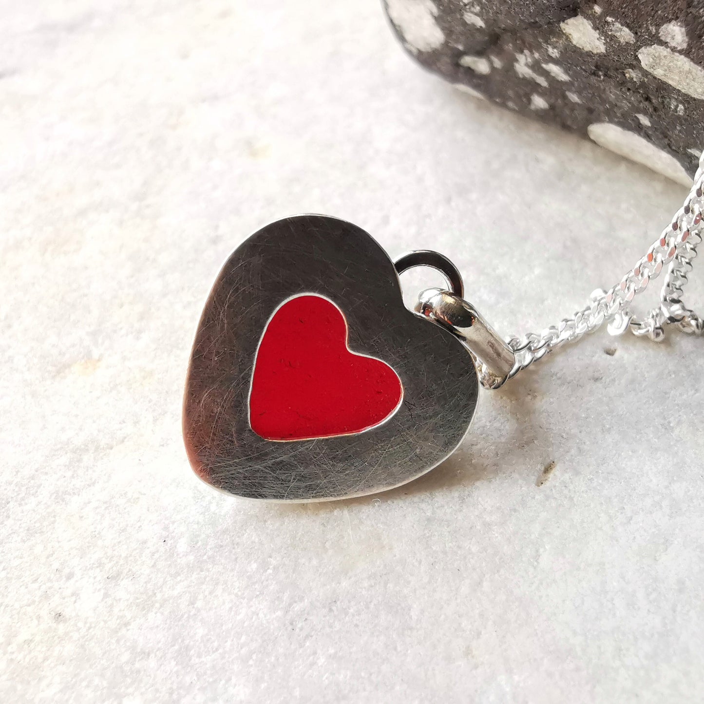Burgundy red sea glass heart pendant, sterling silver necklace - monopatin