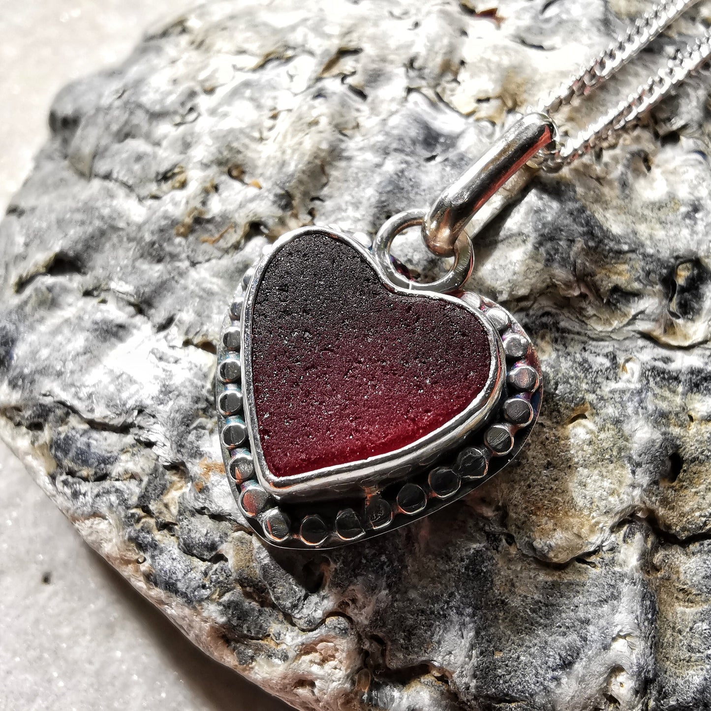 Burgundy red sea glass heart pendant, sterling silver necklace - monopatin