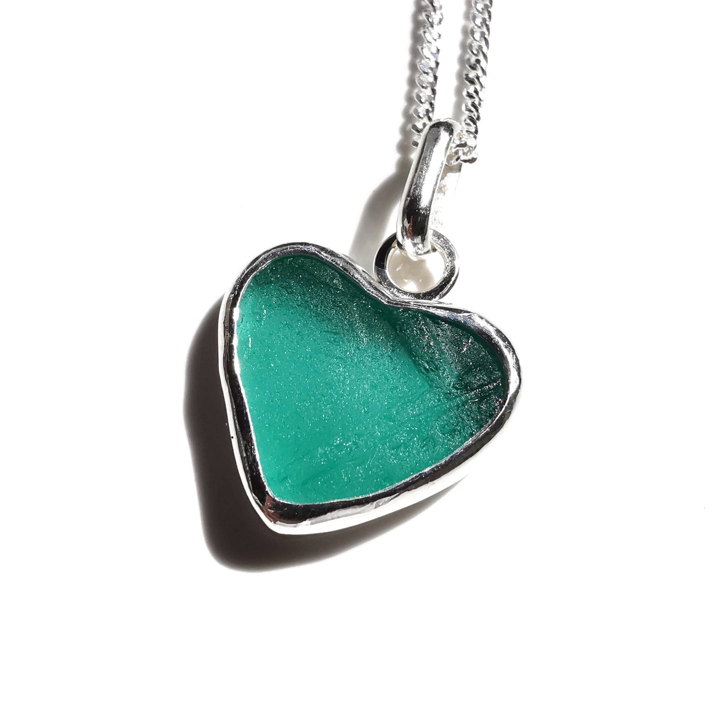 Scottish teal green sea glass heart pendant, sterling silver necklace - monopatin