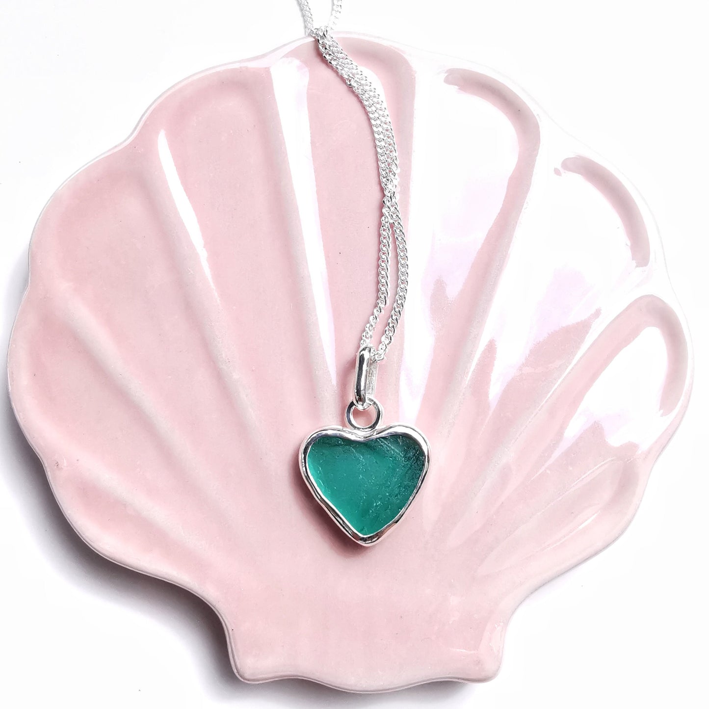 Scottish teal green sea glass heart pendant, sterling silver necklace - monopatin