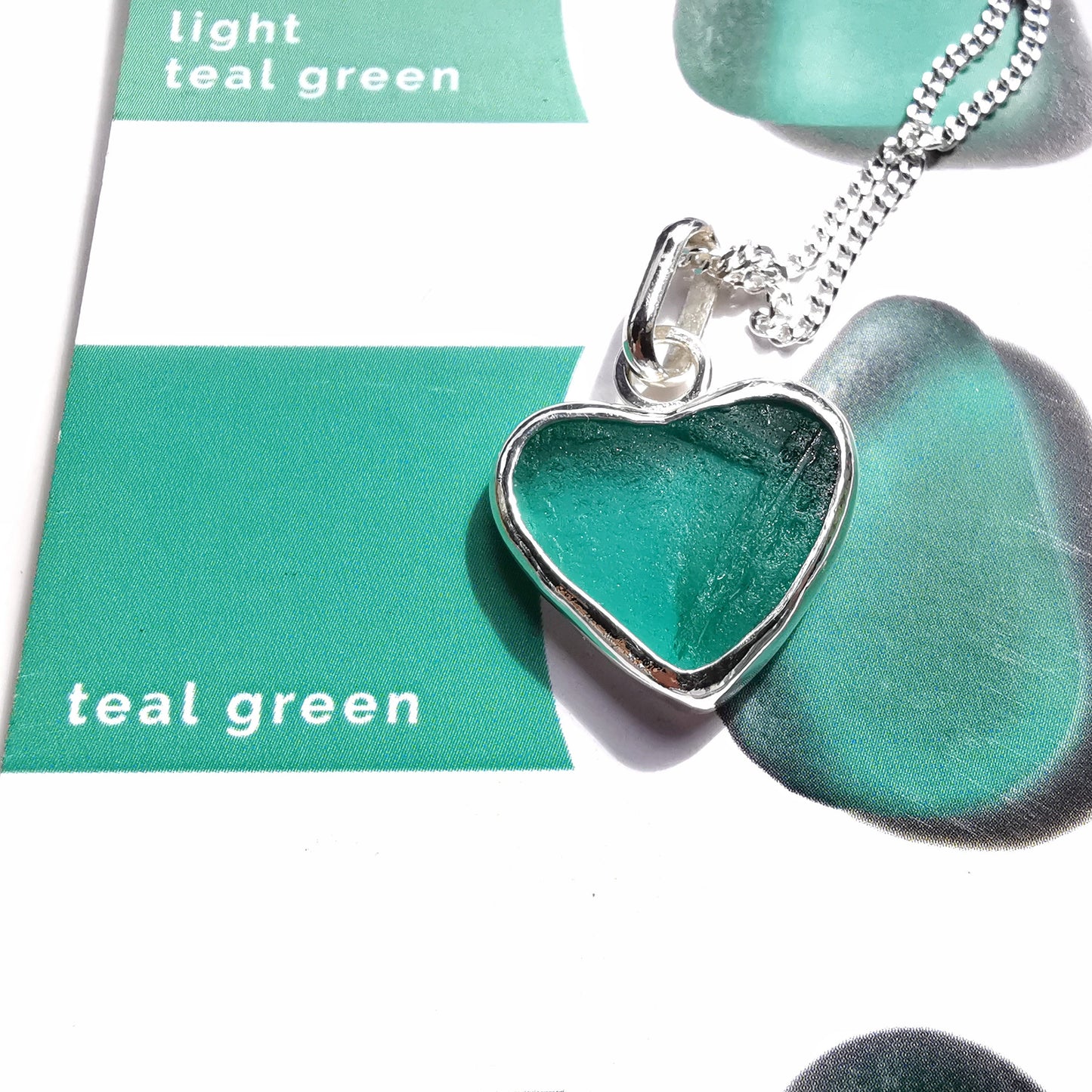 Scottish teal green sea glass heart pendant, sterling silver necklace - monopatin