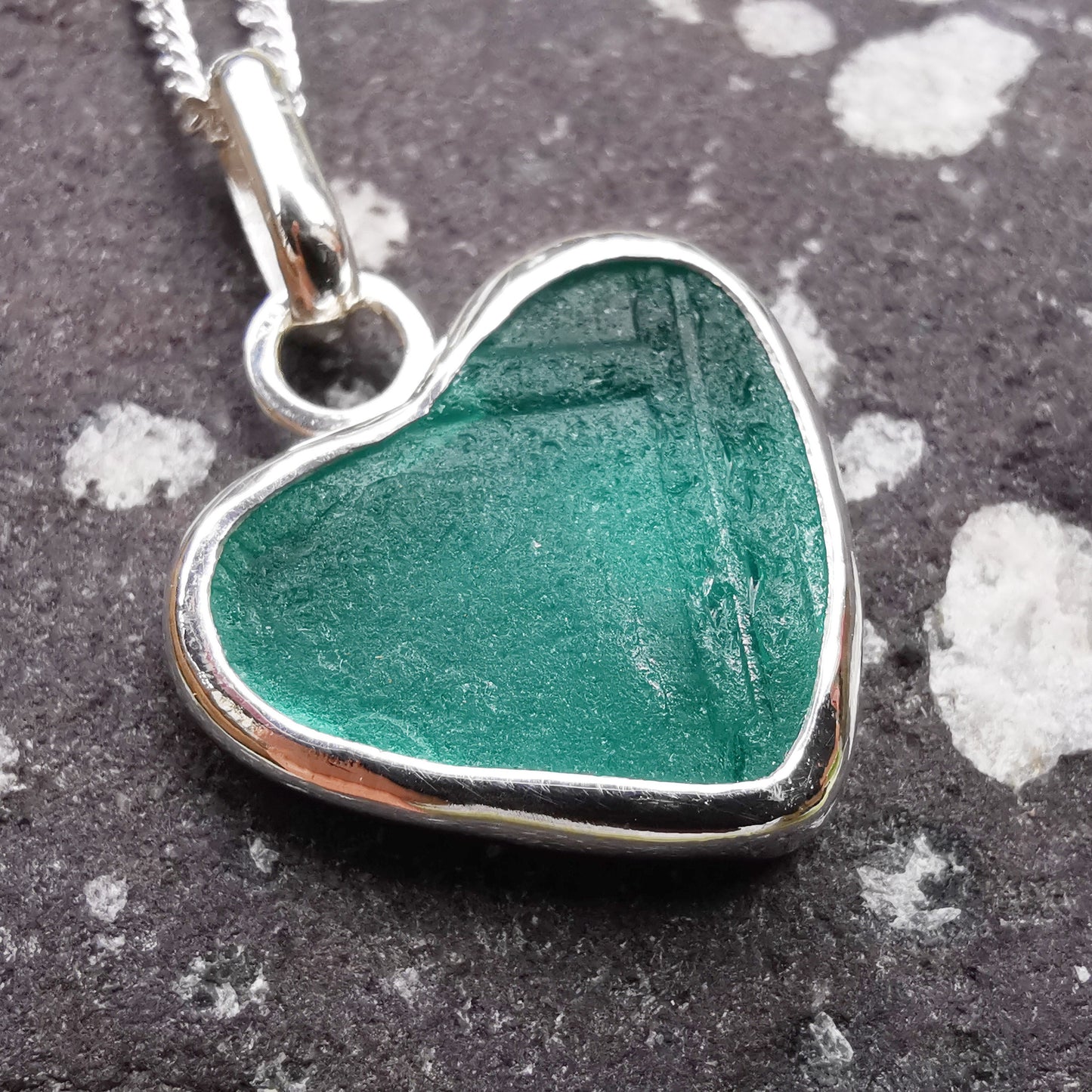 Scottish teal green sea glass heart pendant, sterling silver necklace - monopatin