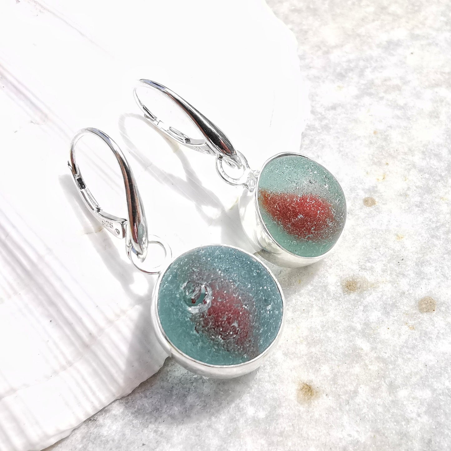 Genuine Scottish blue and red sea glass marbles and sterling silver earrings - monopatin