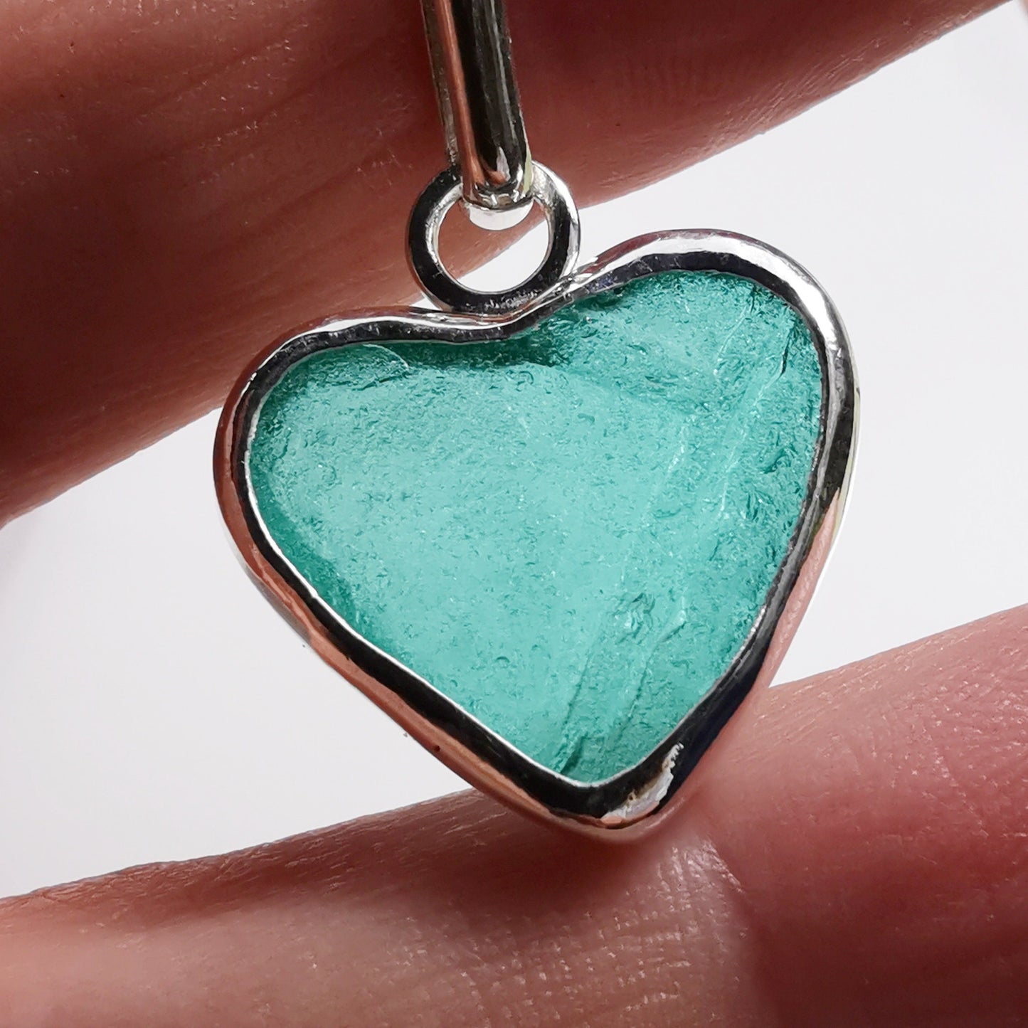 Scottish teal green sea glass heart pendant, sterling silver necklace - monopatin