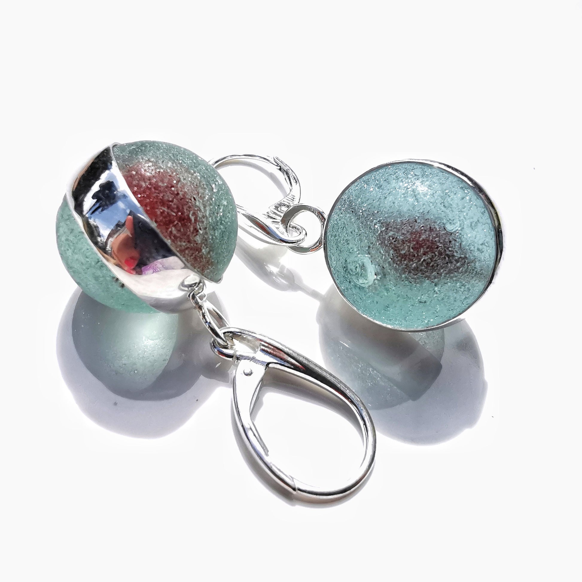 Genuine Scottish blue and red sea glass marbles and sterling silver earrings - monopatin