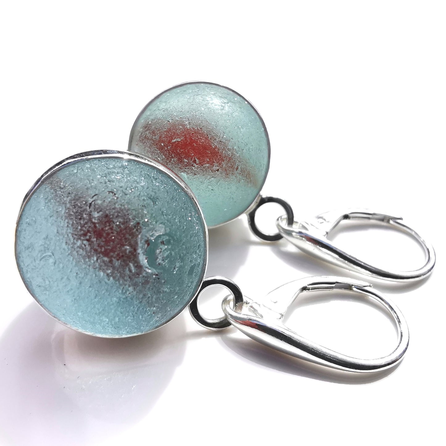 Genuine Scottish blue and red sea glass marbles and sterling silver earrings - monopatin