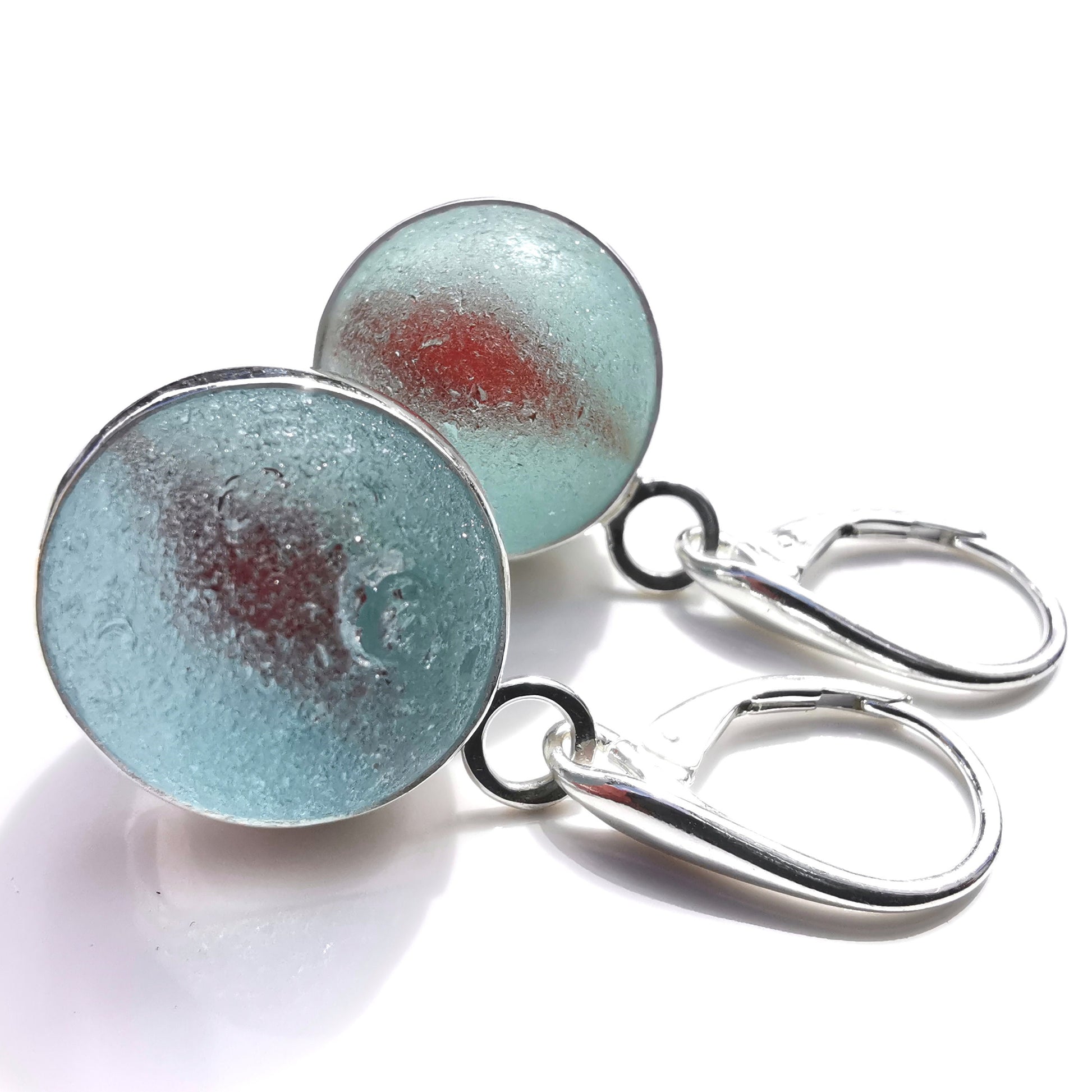 Genuine Scottish blue and red sea glass marbles and sterling silver earrings - monopatin