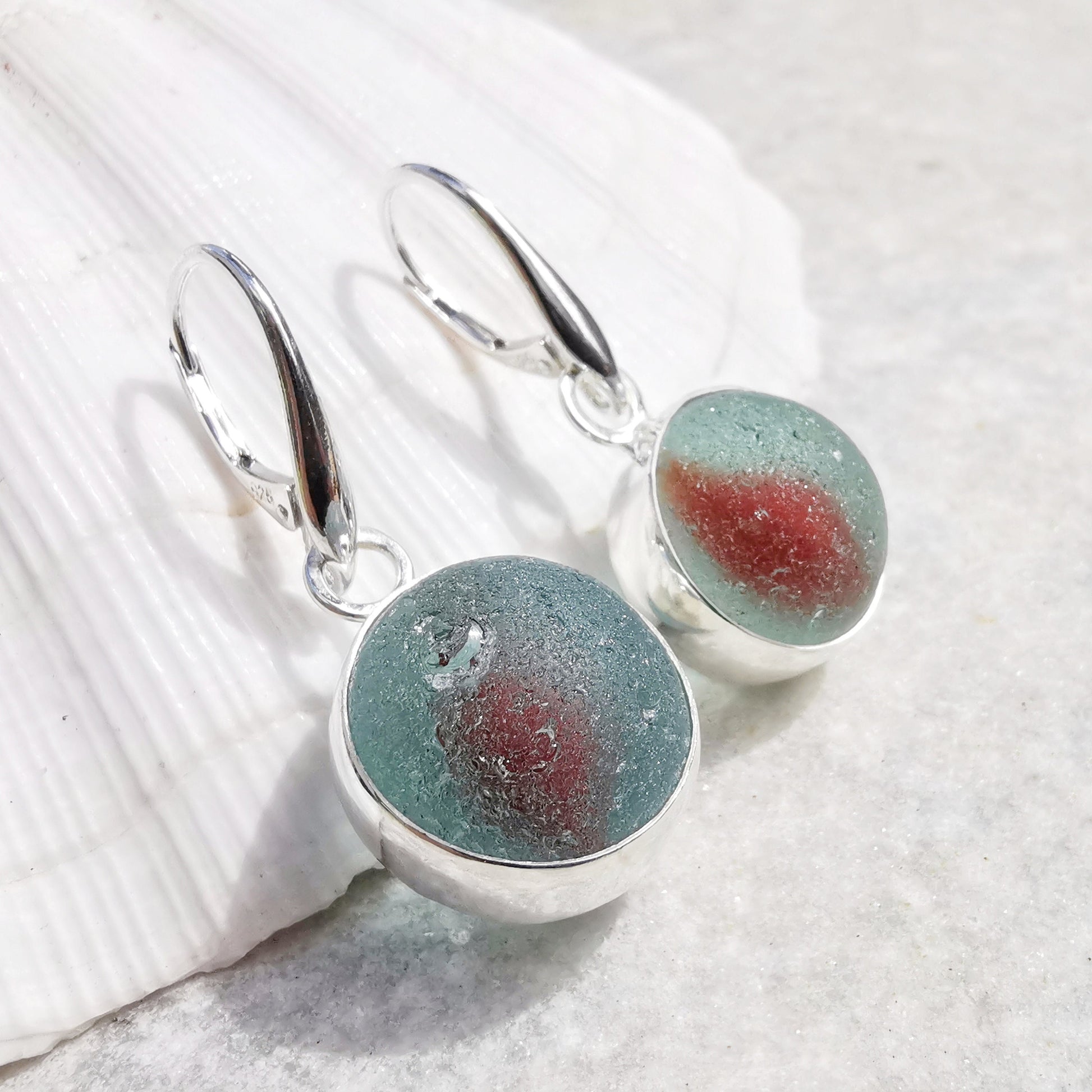 Genuine Scottish blue and red sea glass marbles and sterling silver earrings - monopatin