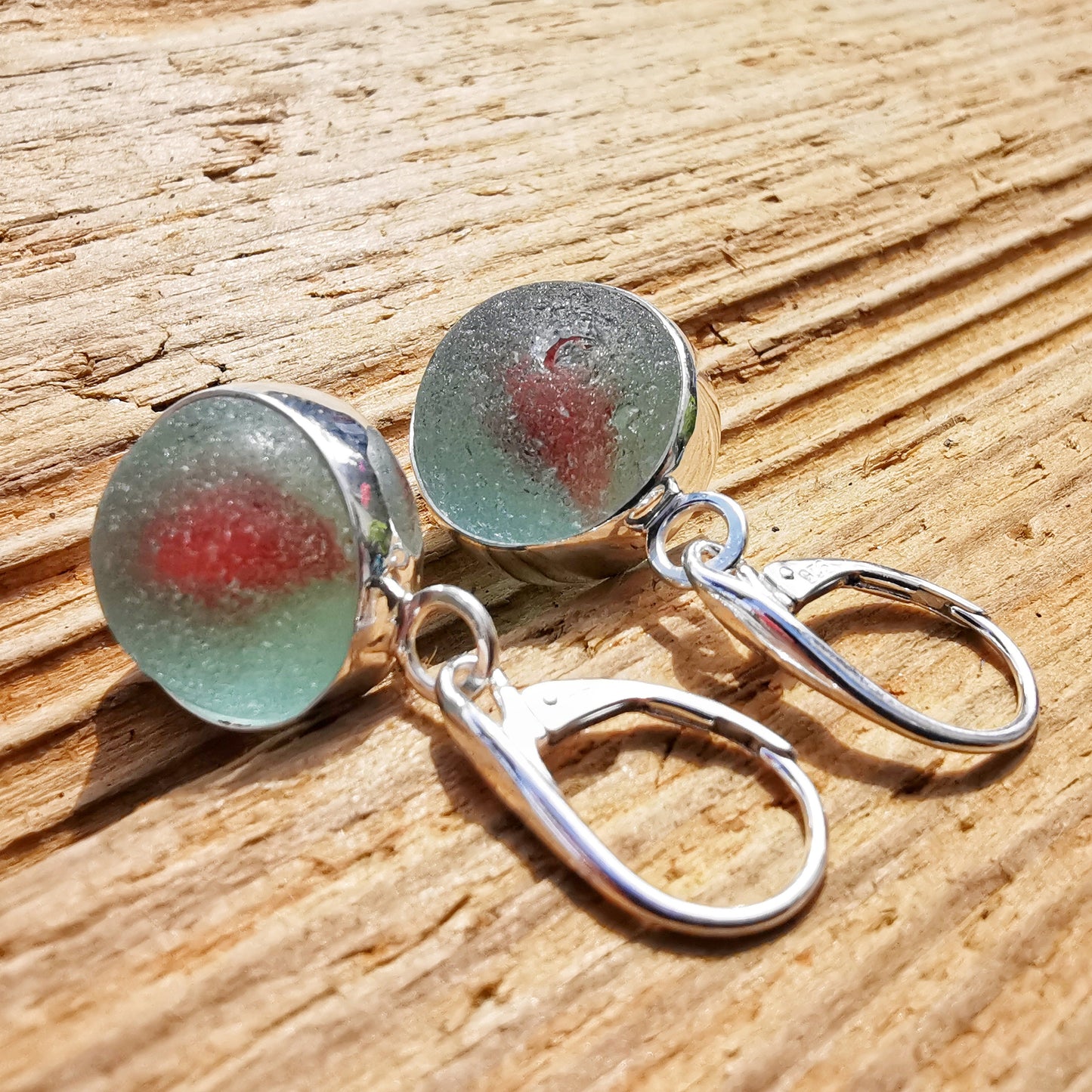 Genuine Scottish blue and red sea glass marbles and sterling silver earrings - monopatin