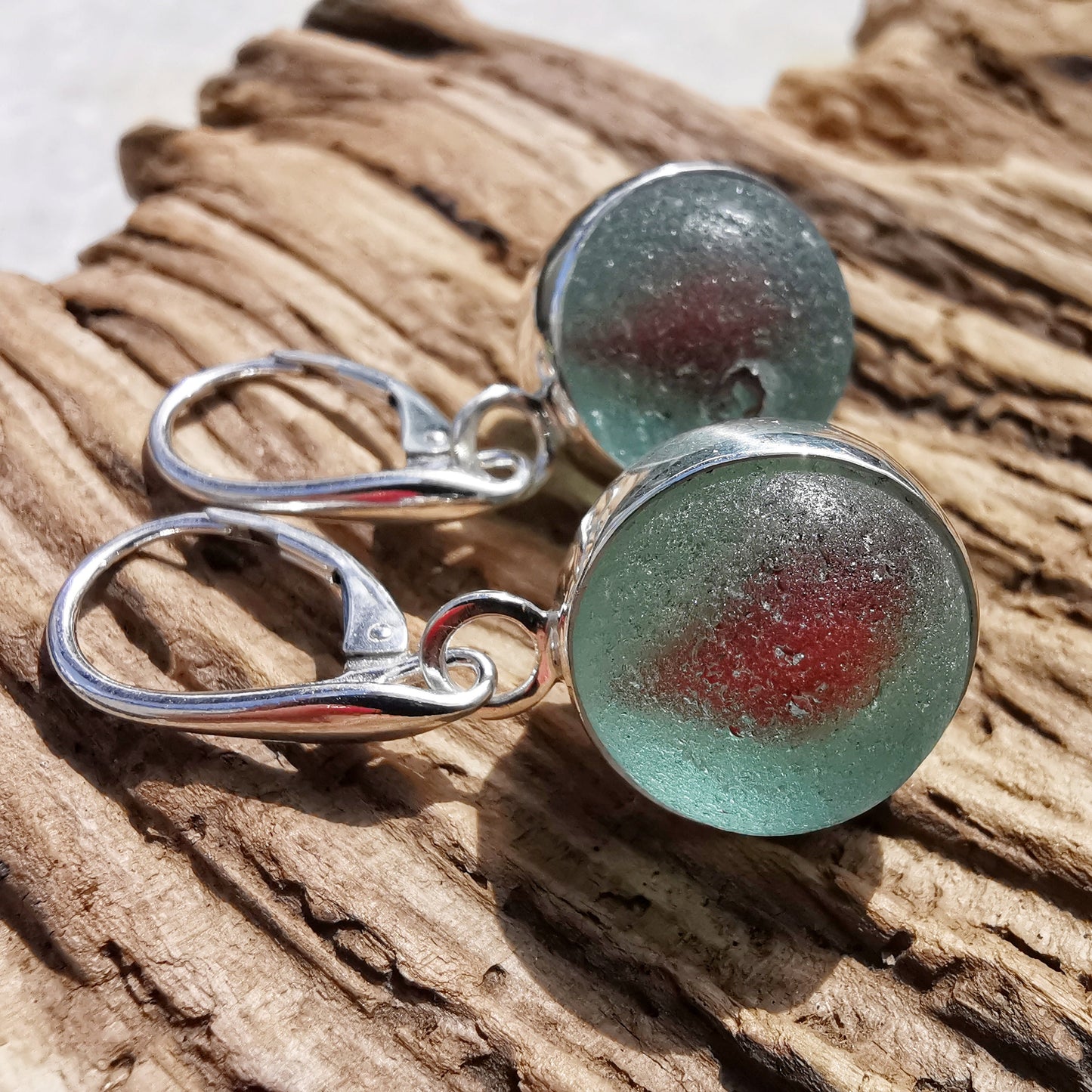 Genuine Scottish blue and red sea glass marbles and sterling silver earrings - monopatin