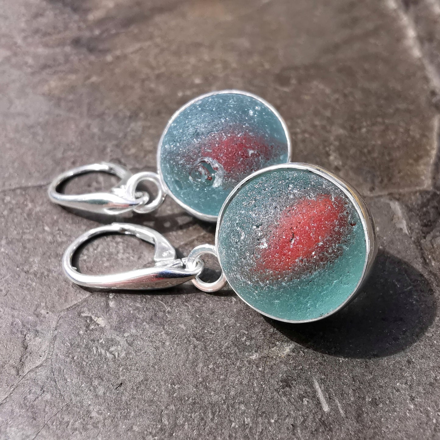 Genuine Scottish blue and red sea glass marbles and sterling silver earrings - monopatin