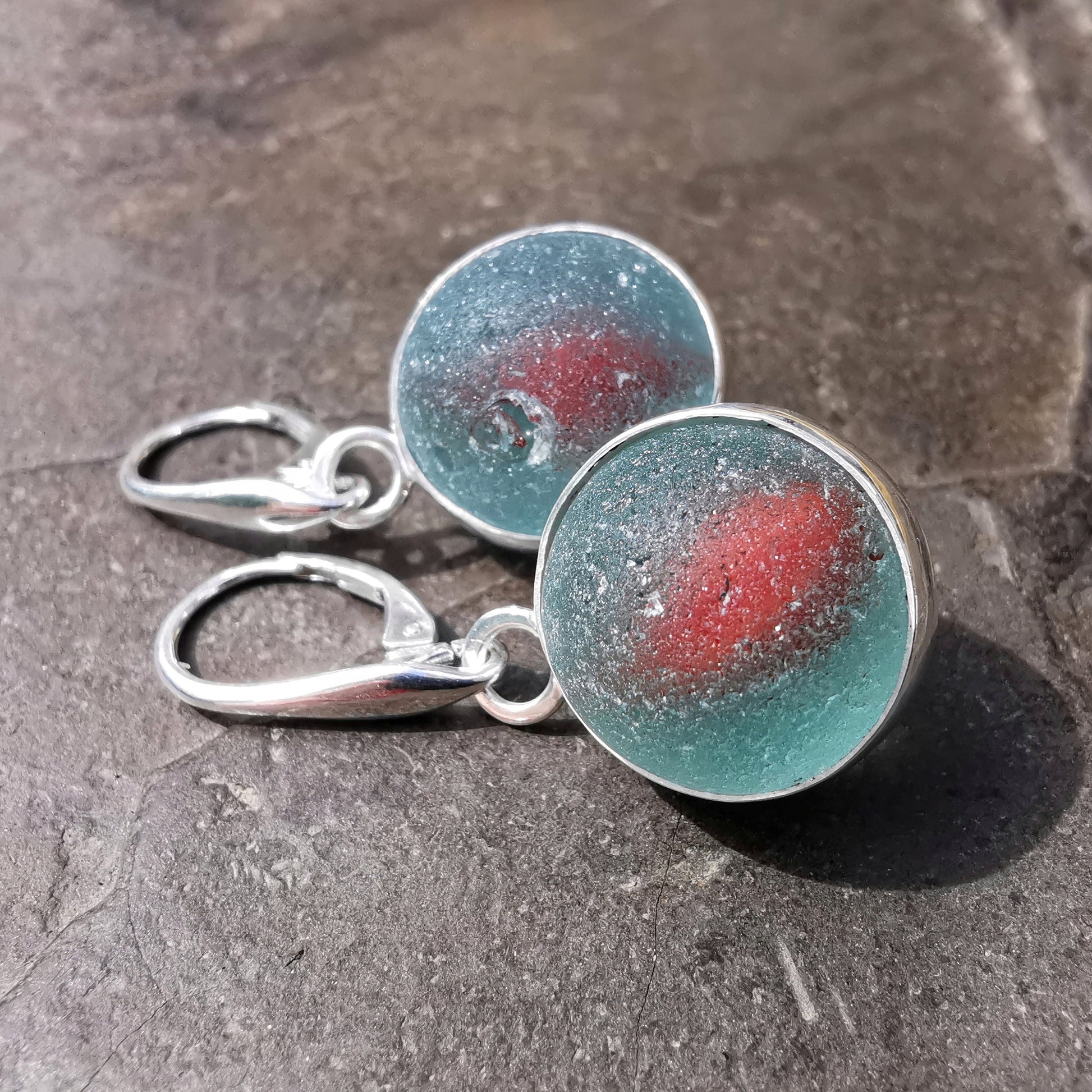 Genuine Scottish blue and red sea glass marbles and sterling silver earrings - monopatin