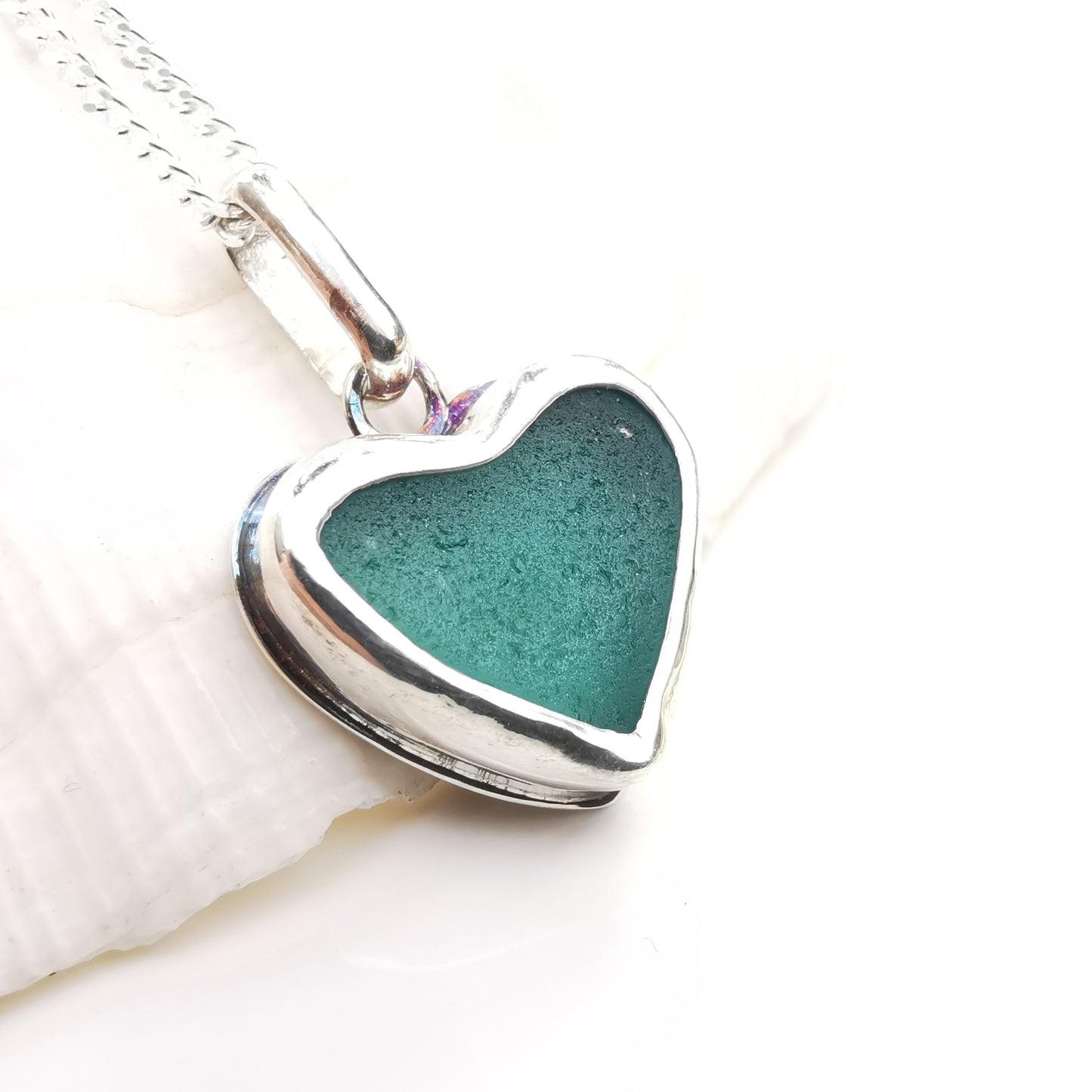 Scottish teal sea glass heart pendant, sterling silver necklace - monopatin