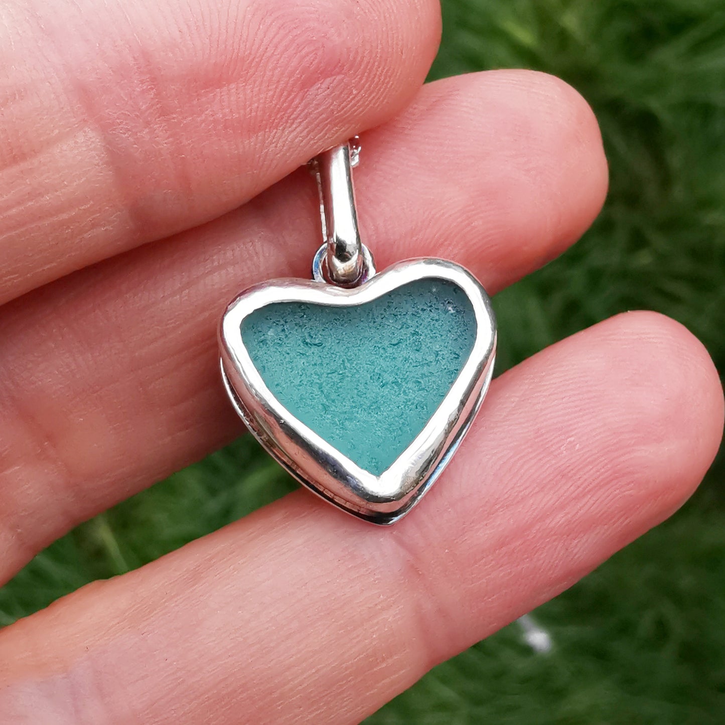 Scottish teal sea glass heart pendant, sterling silver necklace - monopatin