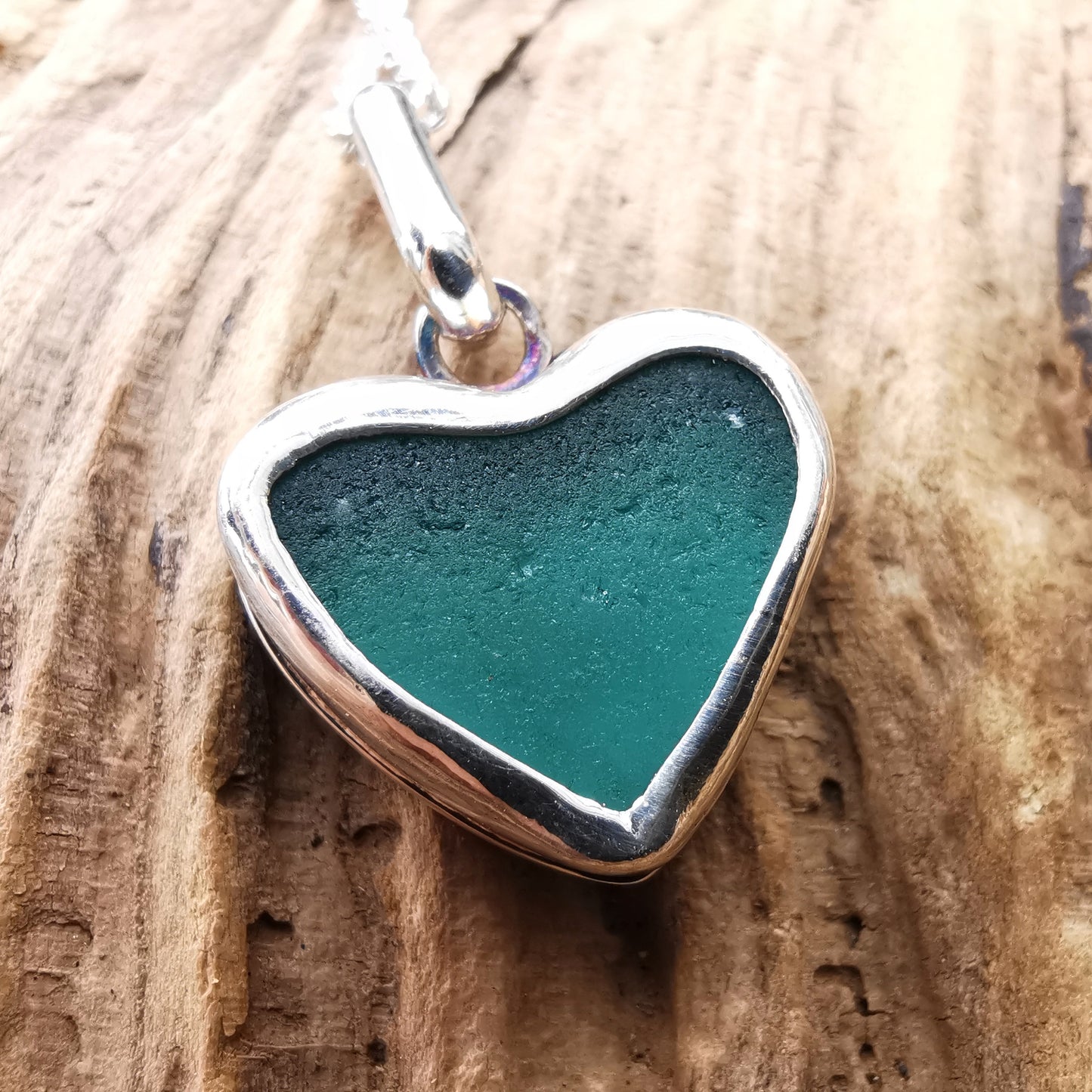 Scottish teal sea glass heart pendant, sterling silver necklace - monopatin