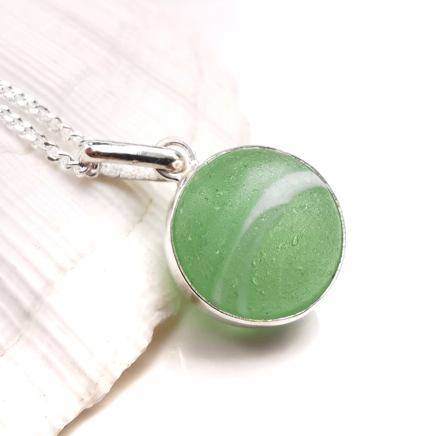 Scottish green and white sea glass marble, sterling silver necklace - monopatin