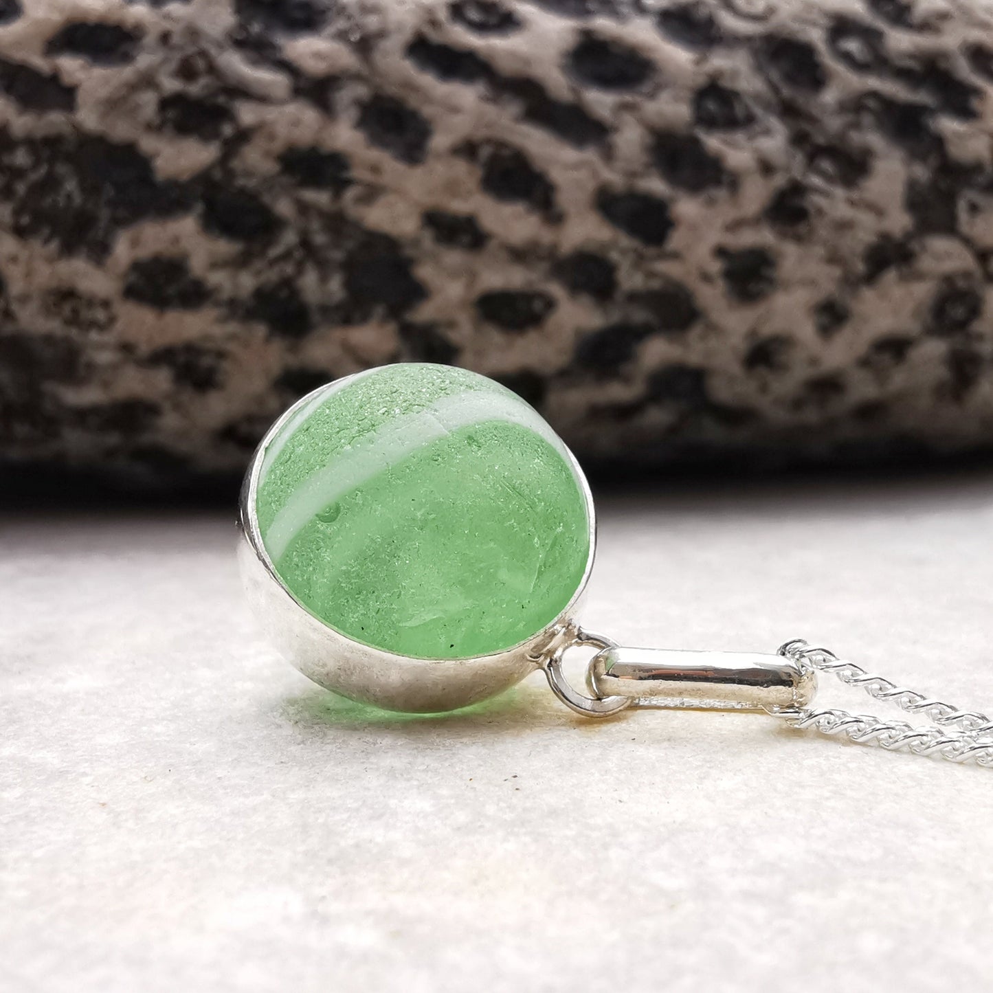 Scottish green and white sea glass marble, sterling silver necklace - monopatin