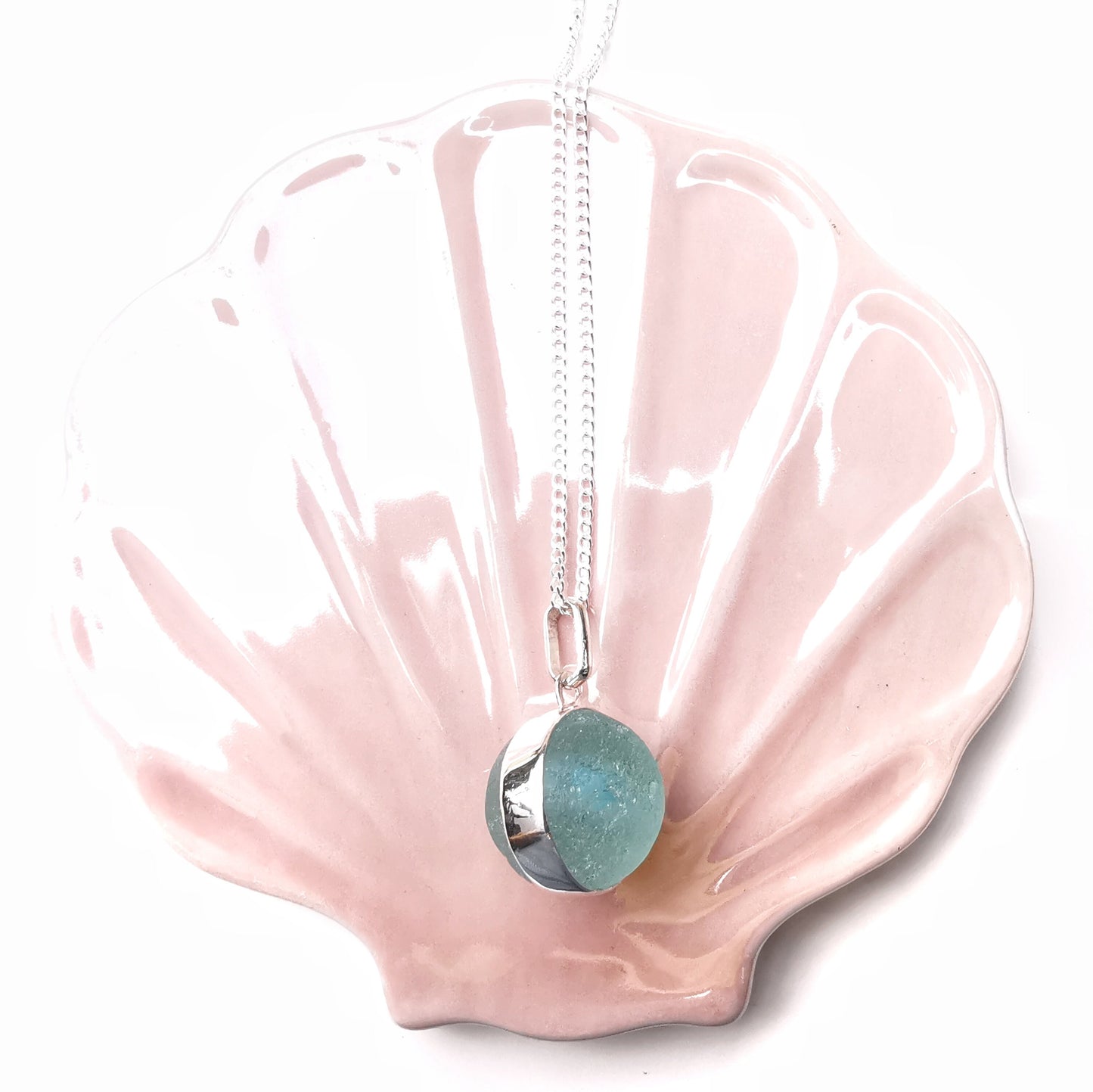 Scottish aqua blue sea glass marble pendant, sterling silver necklace - monopatin
