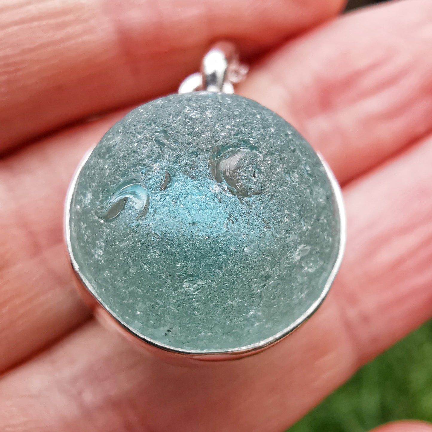 Scottish aqua blue sea glass marble pendant, sterling silver necklace - monopatin