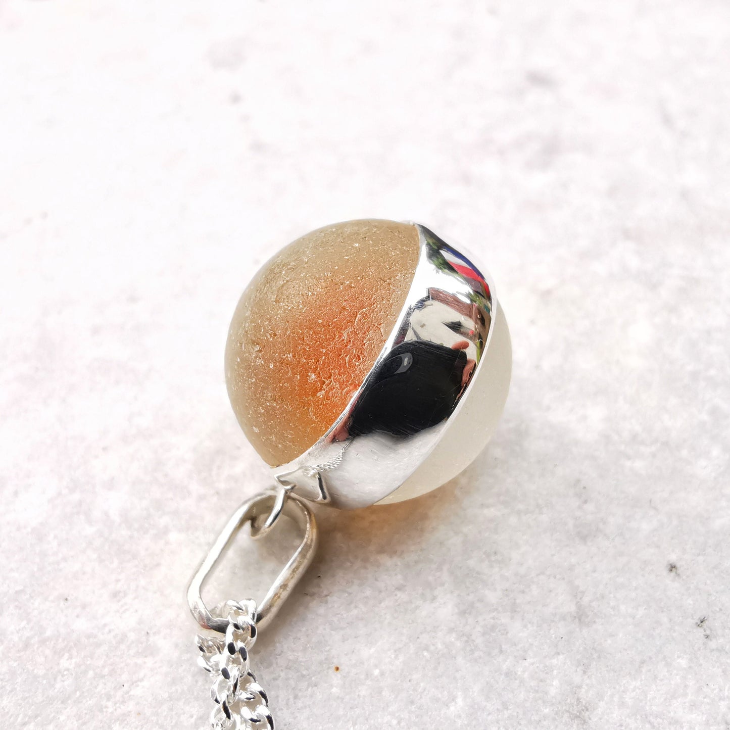 Scottish orange and white sea glass marble pendant, silver necklace - monopatin