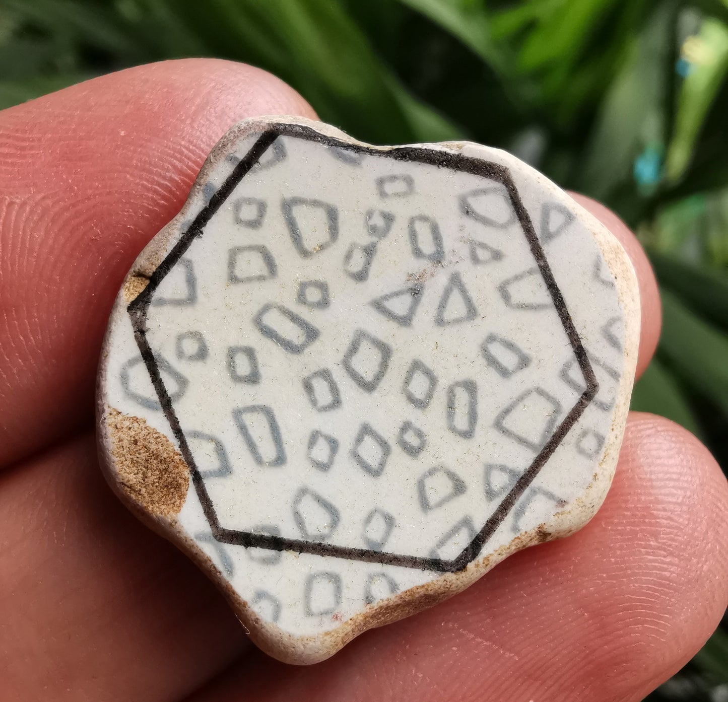 White and grey beach pottery hexagonal pendant, sterling silver necklace - monopatin