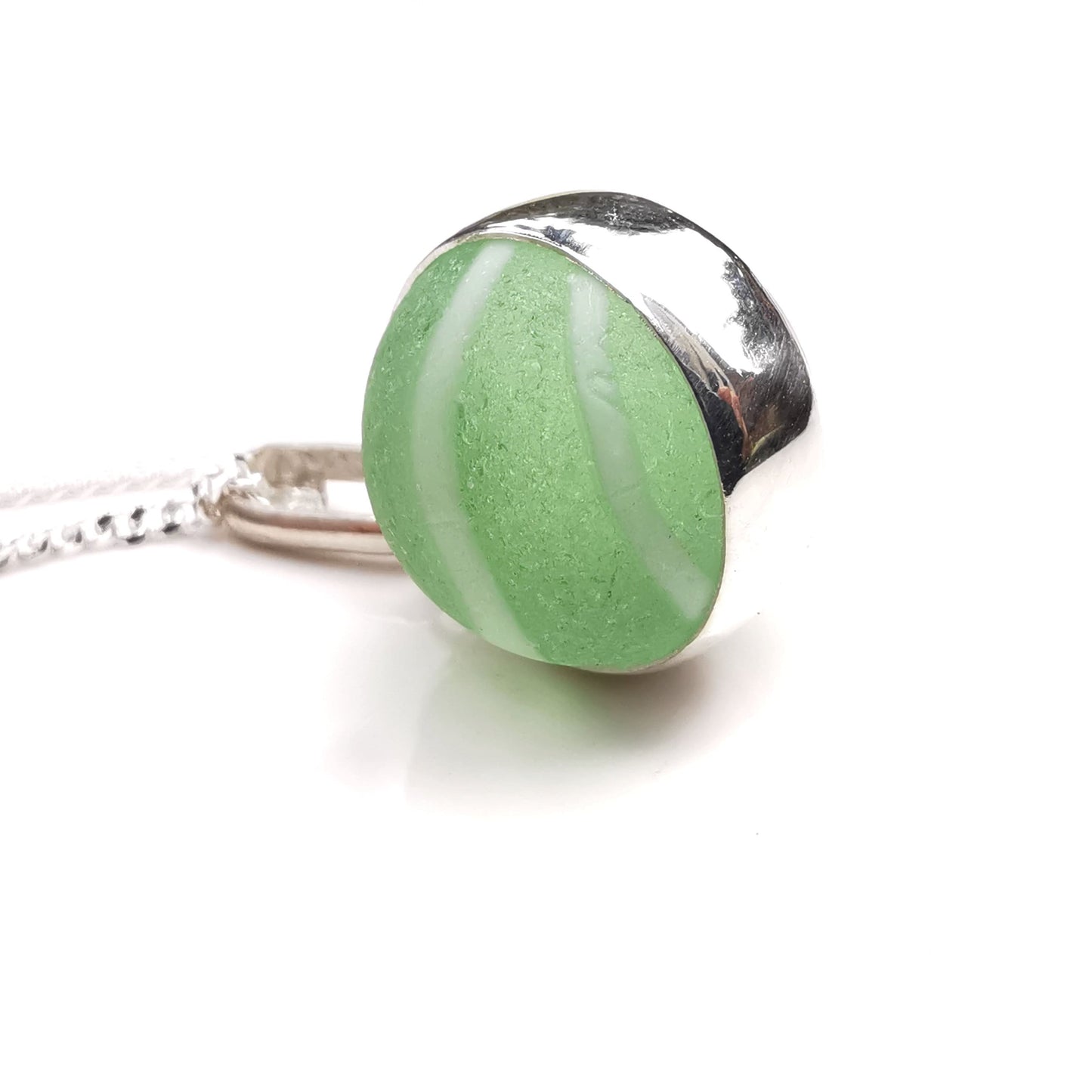 Scottish green and white sea glass marble, sterling silver necklace - monopatin