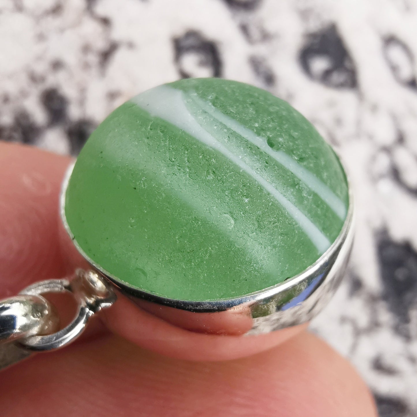 Scottish green and white sea glass marble, sterling silver necklace - monopatin