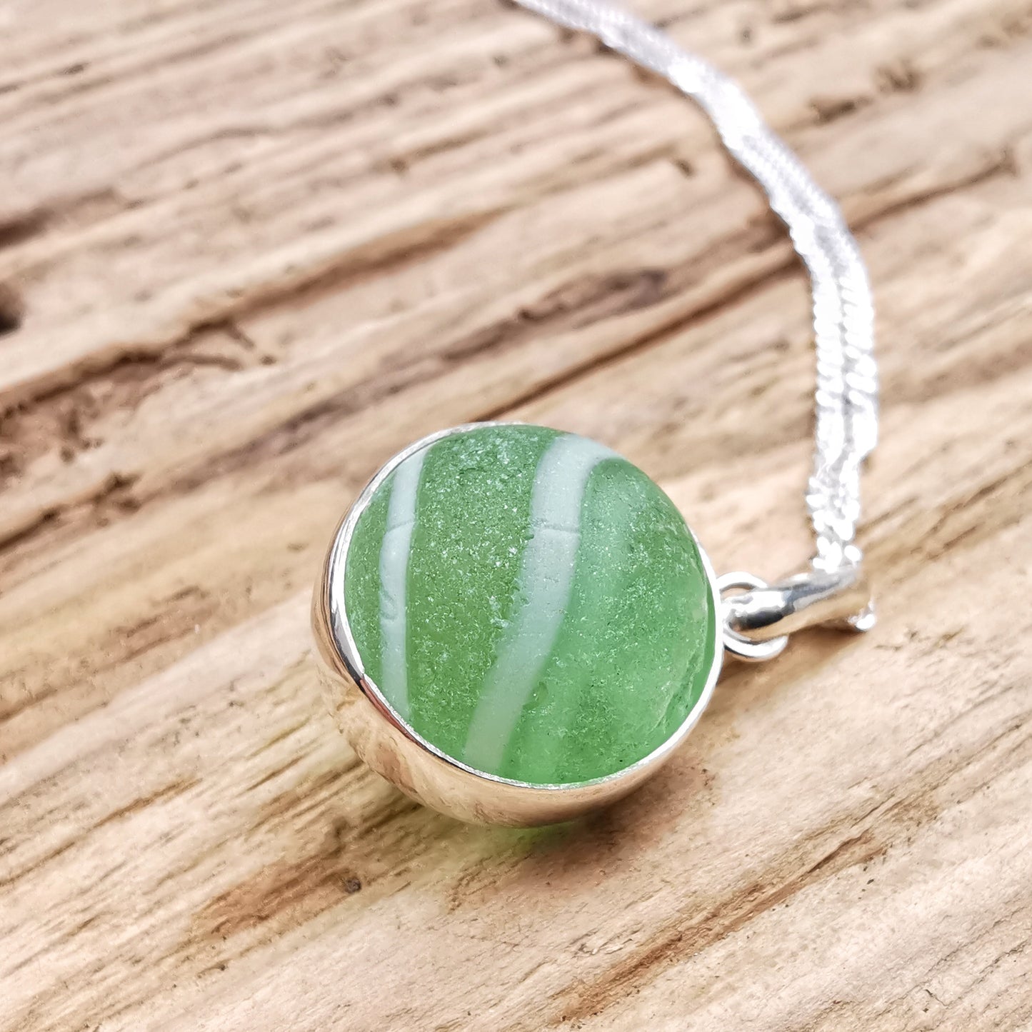 Scottish green and white sea glass marble, sterling silver necklace - monopatin