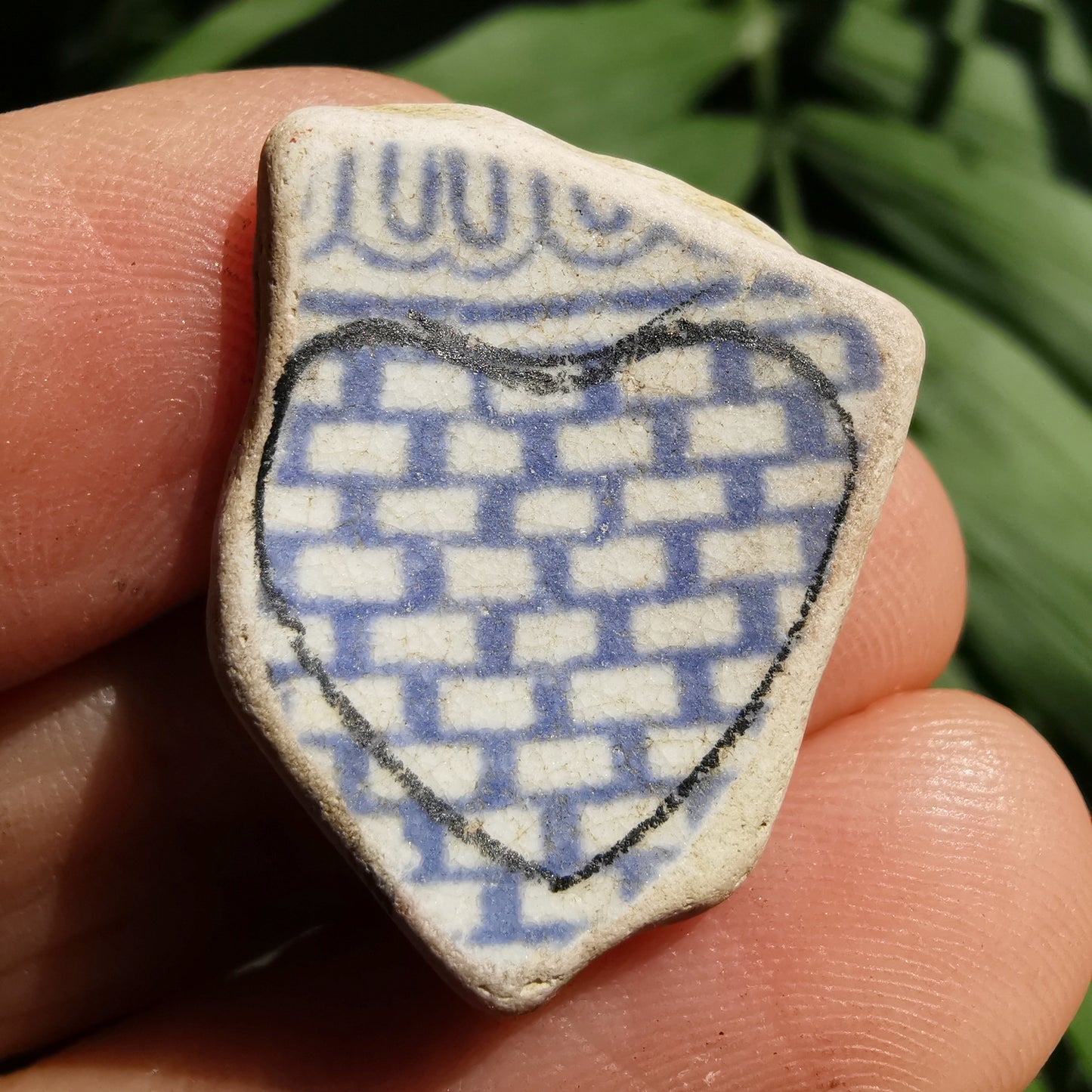 Scottish beach pottery blue and white pattern, heart pendant, silver necklace - monopatin