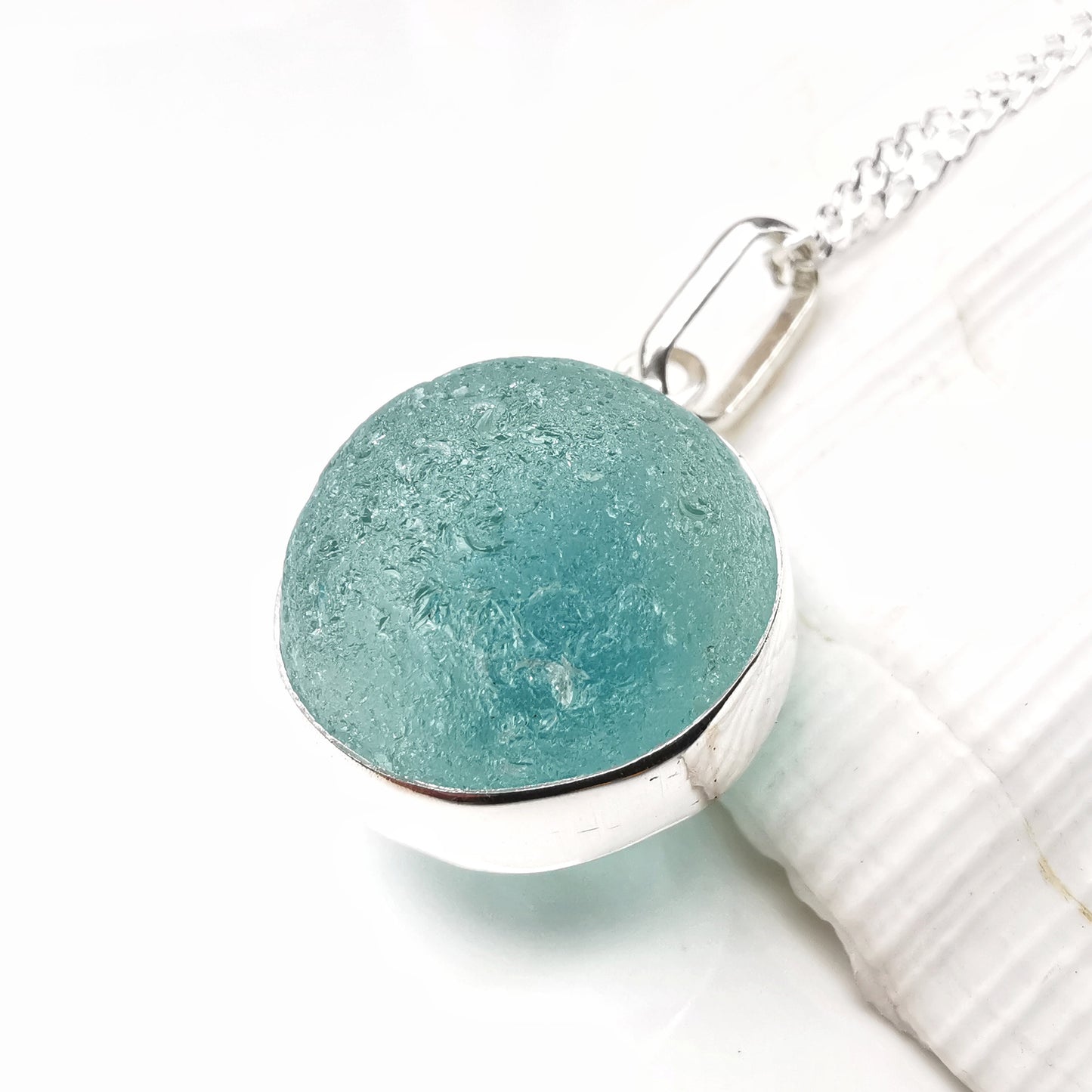 Scottish aqua blue sea glass marble pendant, sterling silver necklace - monopatin