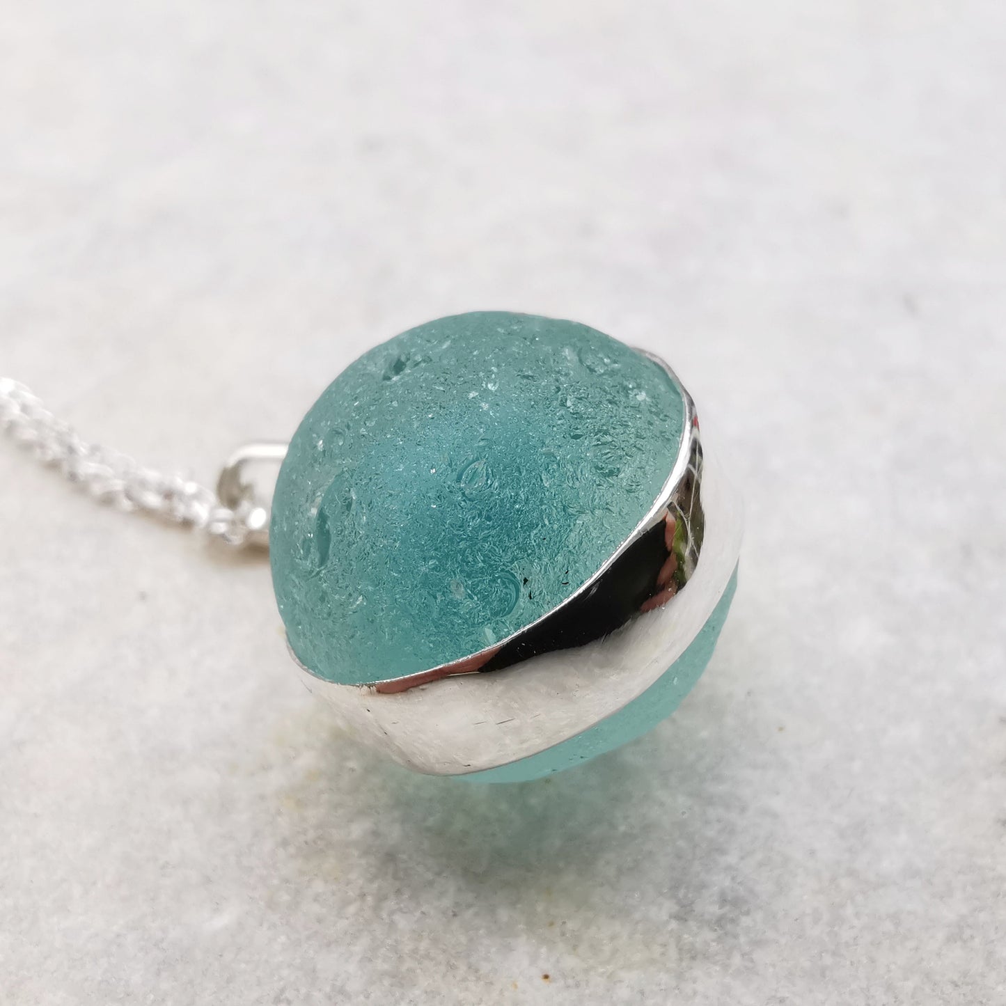 Scottish aqua blue sea glass marble pendant, sterling silver necklace - monopatin