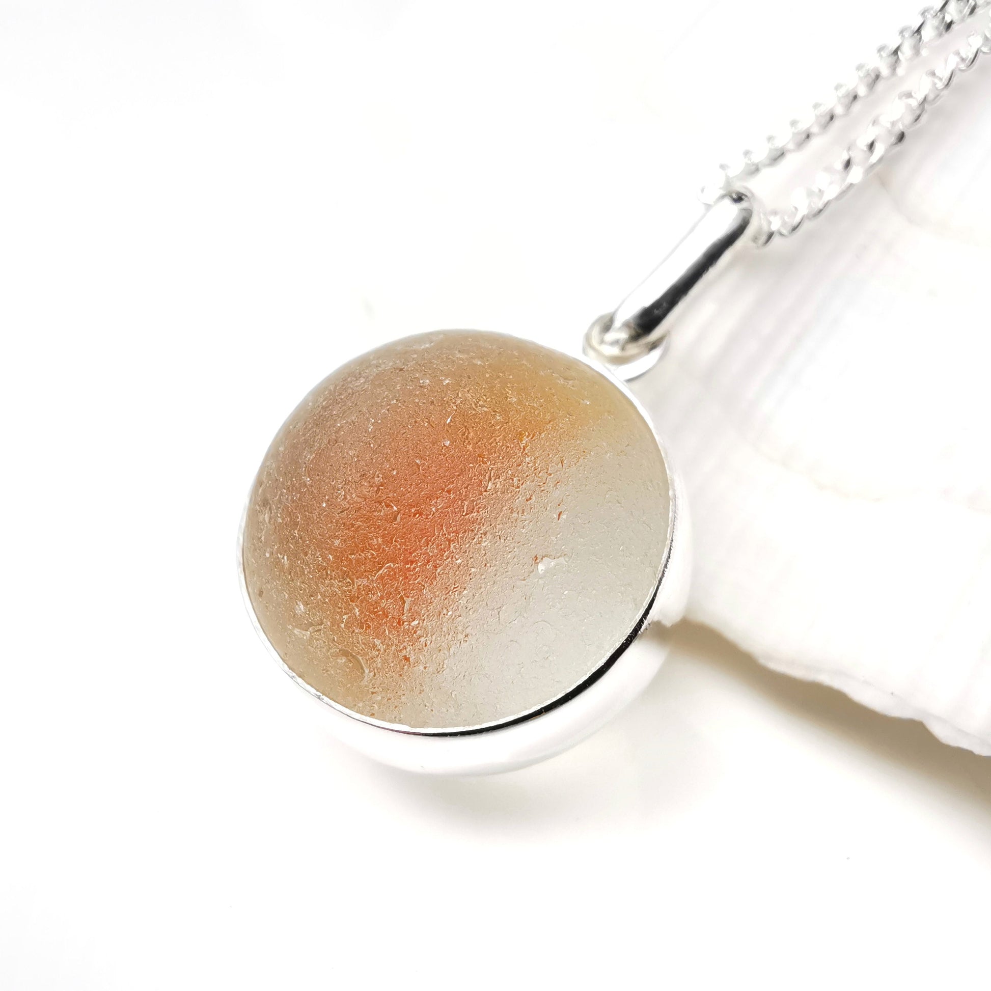 Scottish orange and white sea glass marble pendant, silver necklace - monopatin