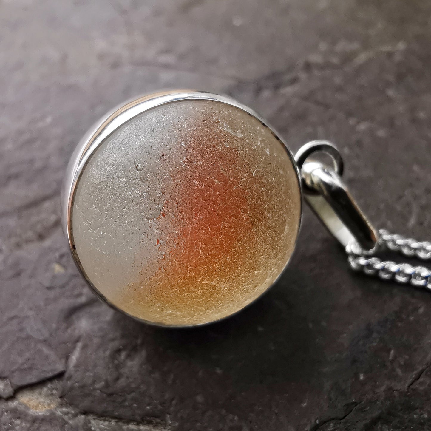 Scottish orange and white sea glass marble pendant, silver necklace - monopatin