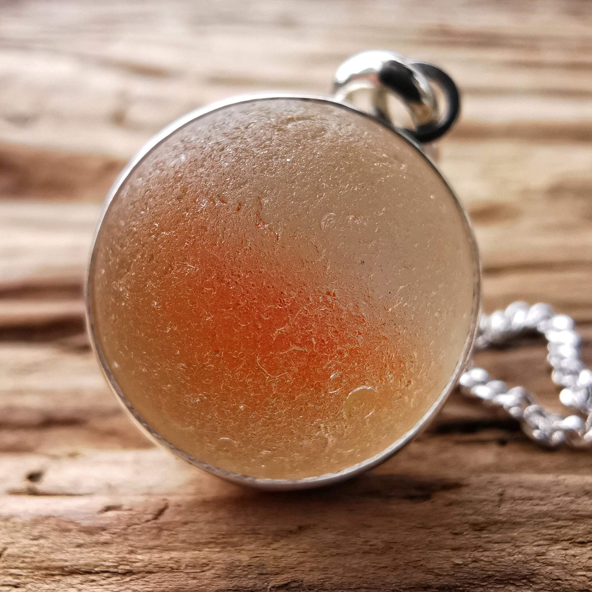 Scottish orange and white sea glass marble pendant, silver necklace - monopatin