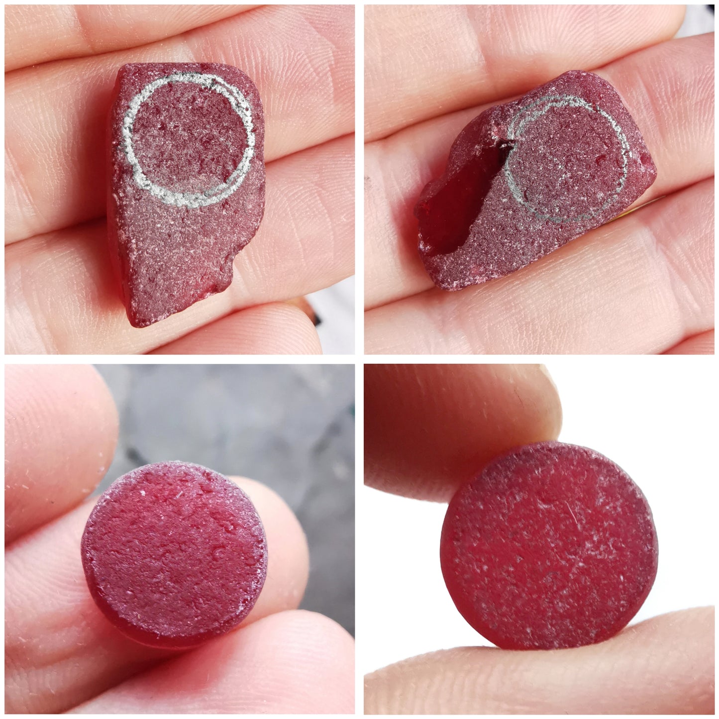 Scottish burgundy red sea glass and wave pebble duo of sterling silver pendants.