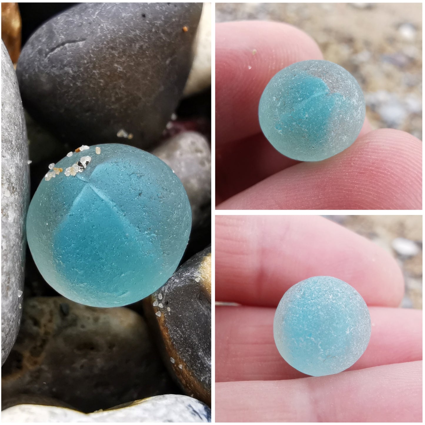 Tiny Seaham aqua blue sea glass marble & sterling silver pendant.