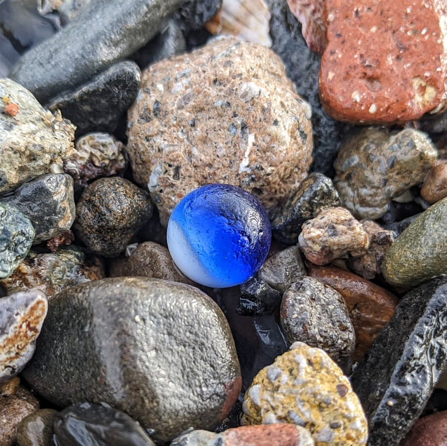 Scottish cobalt blue and white sea glass marble & sterling silver pendant.