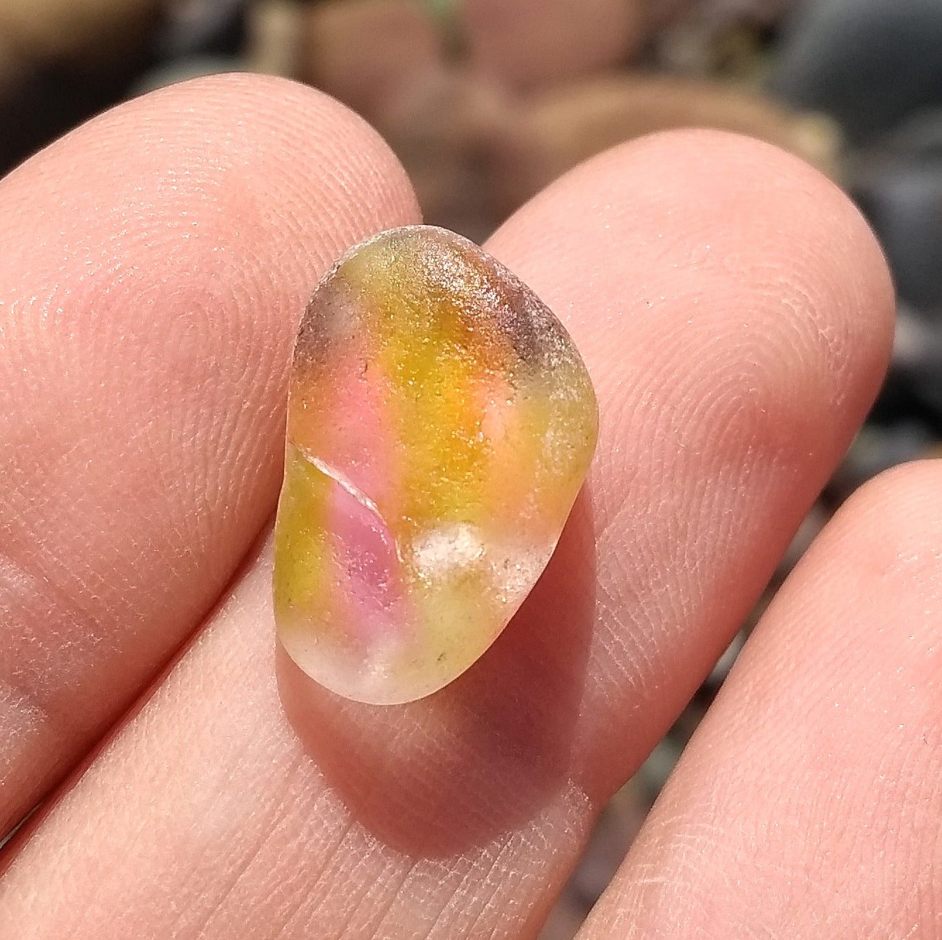 Scottish pink and yellow multicoloured sea glass & sterling silver pendant.