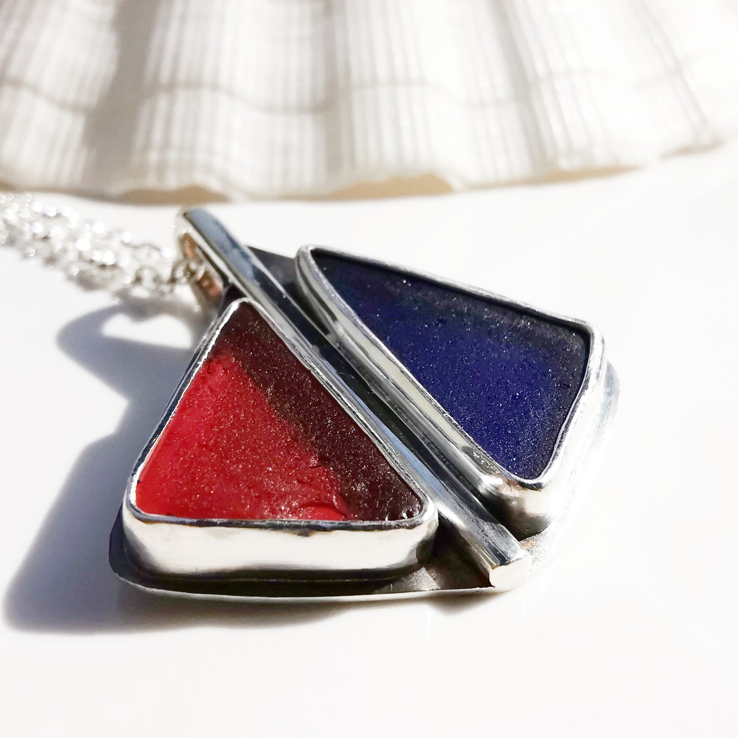 Scottish pink and blue sea glass & sterling silver pendant.