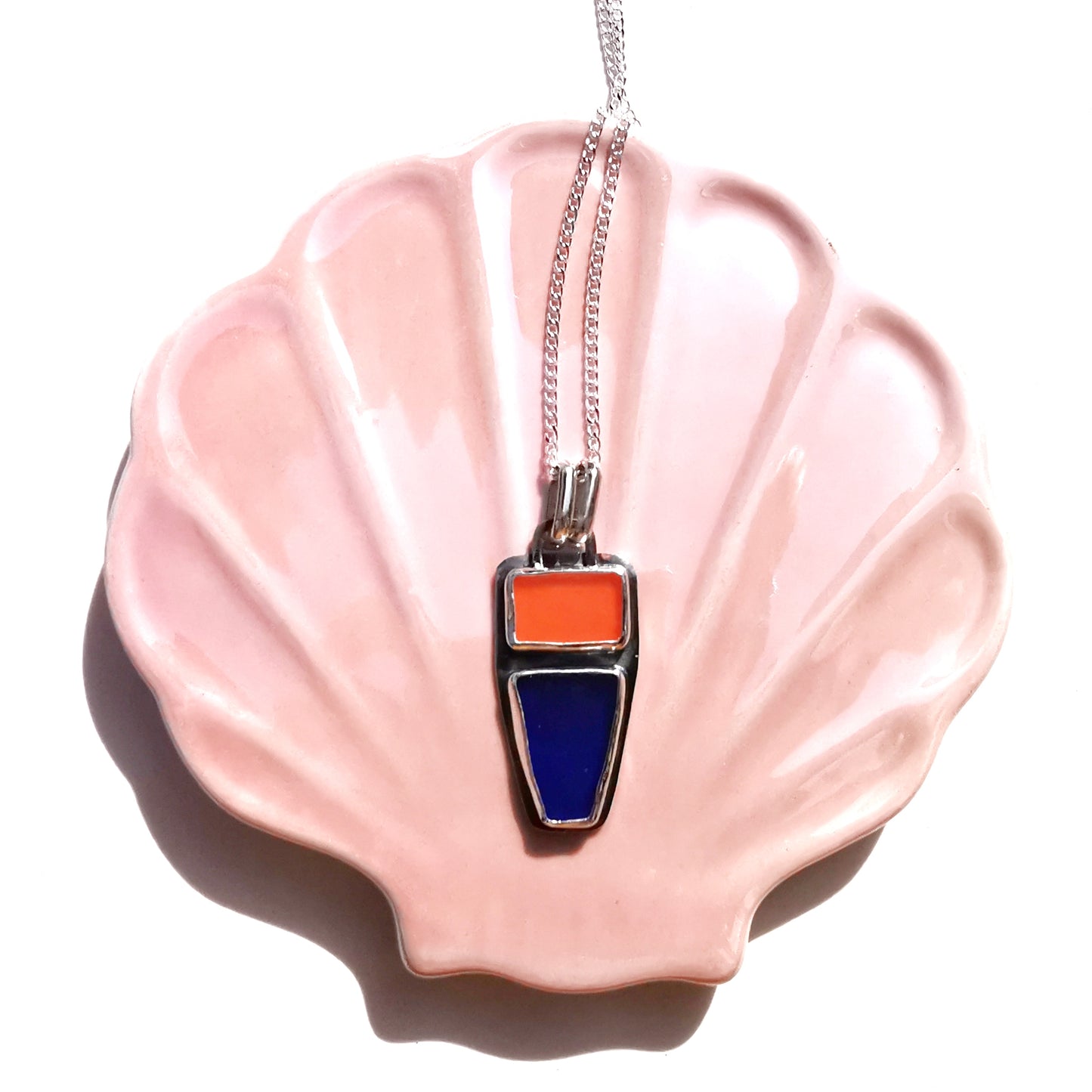 Scottish orange and blue sea glass & sterling silver pendant.