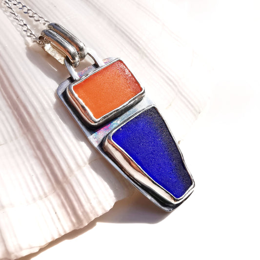 Scottish orange and blue sea glass & sterling silver pendant.