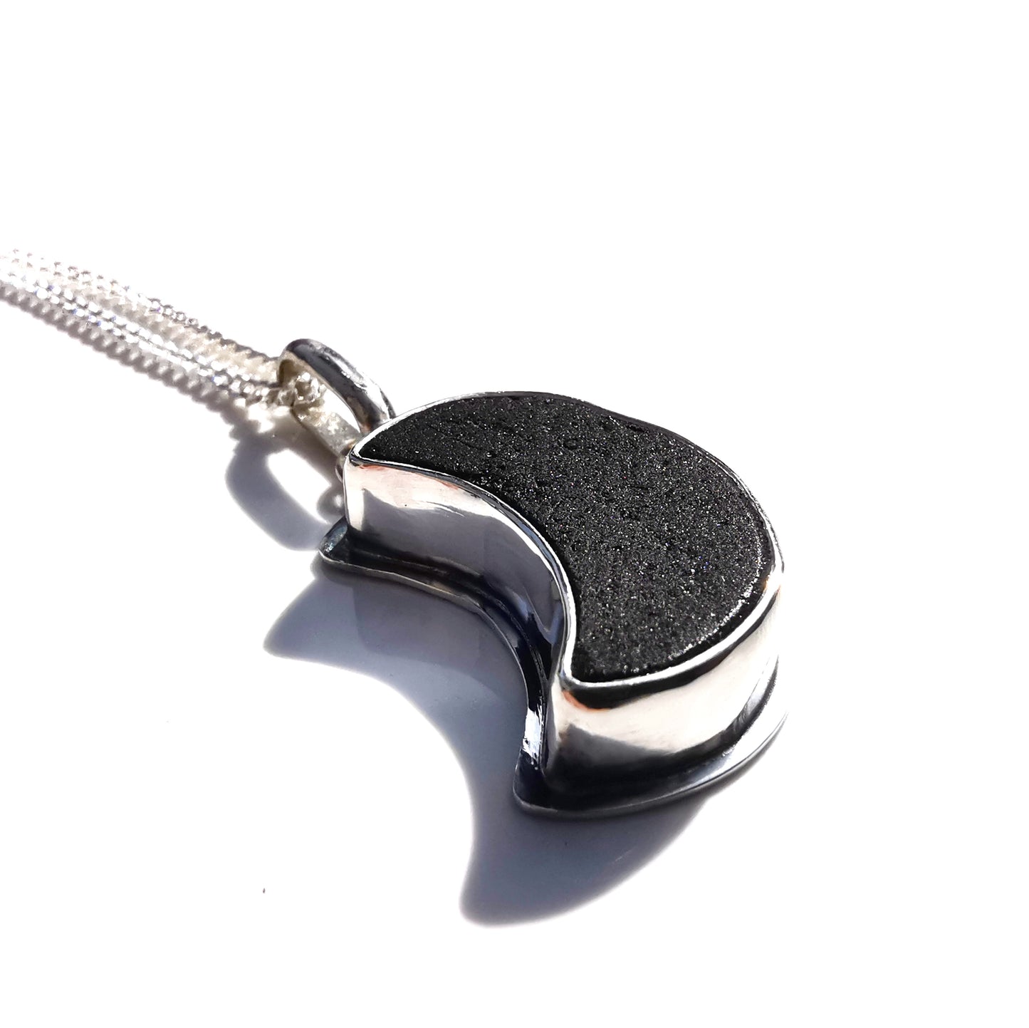 Scottish black crescent moon sea glass & sterling silver pendant.
