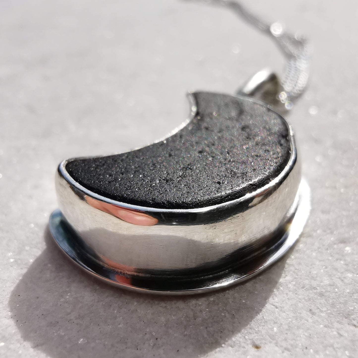 Scottish black crescent moon sea glass & sterling silver pendant.