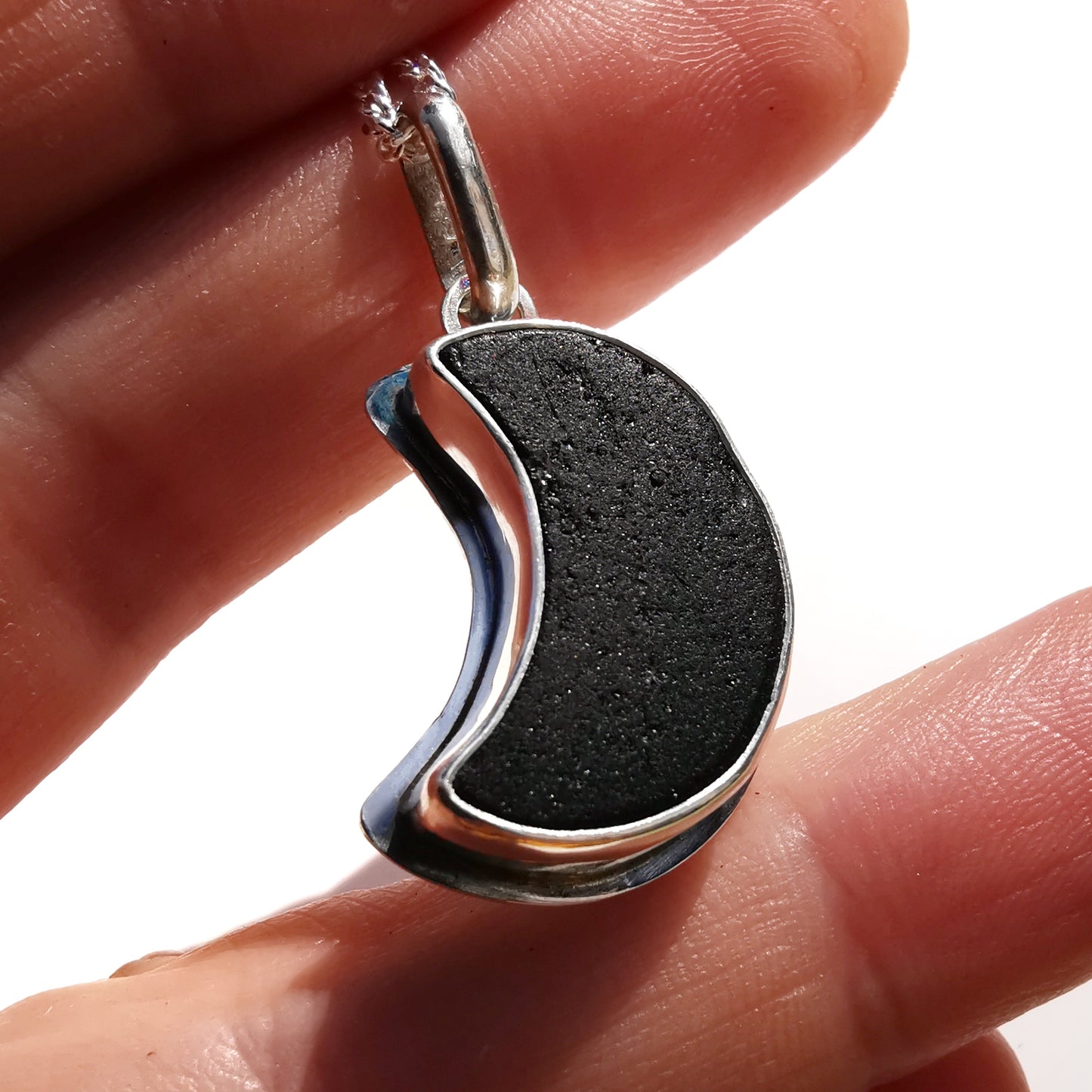 Scottish black crescent moon sea glass & sterling silver pendant.