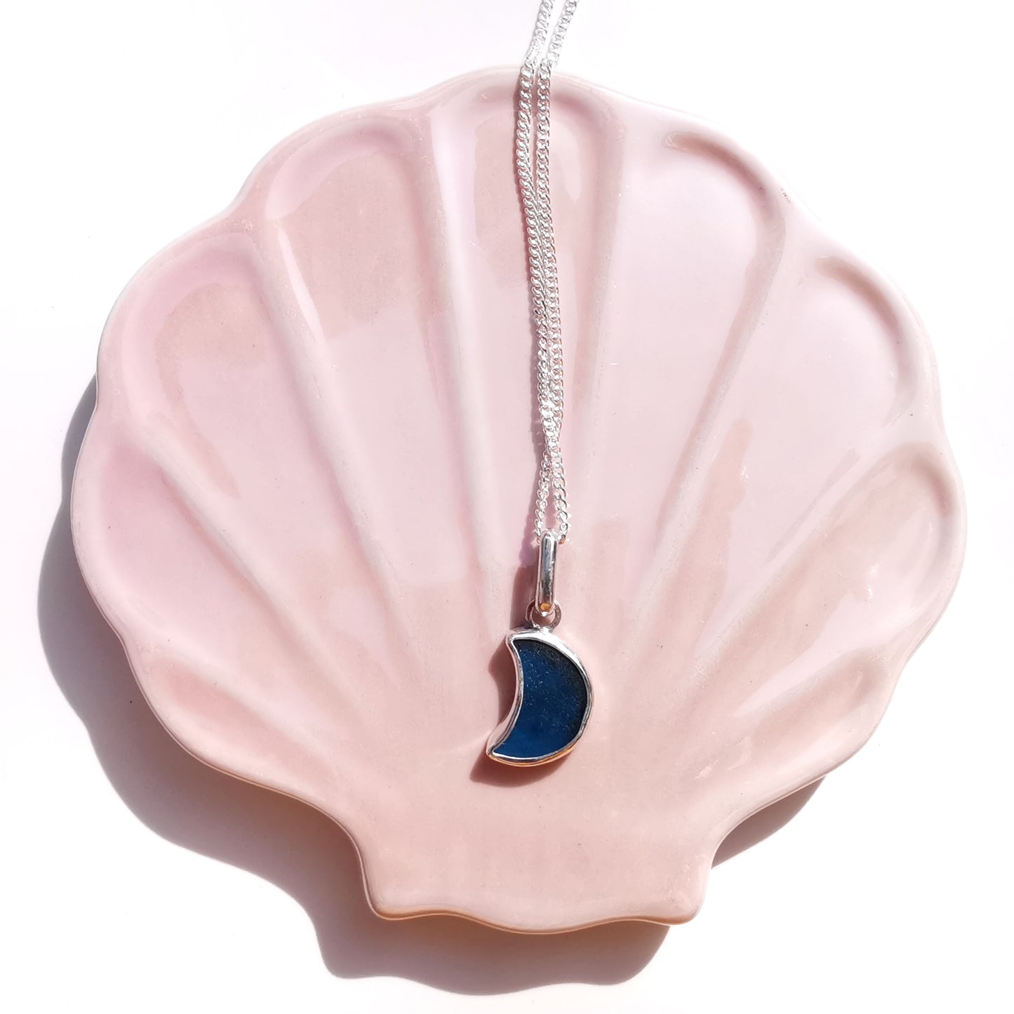 Scottish teal blue crescent moon sea glass & sterling silver pendant.
