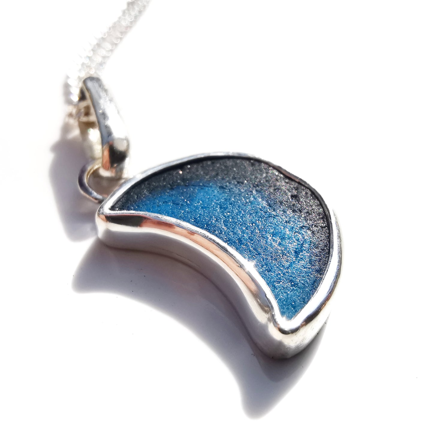 Scottish teal blue crescent moon sea glass & sterling silver pendant.