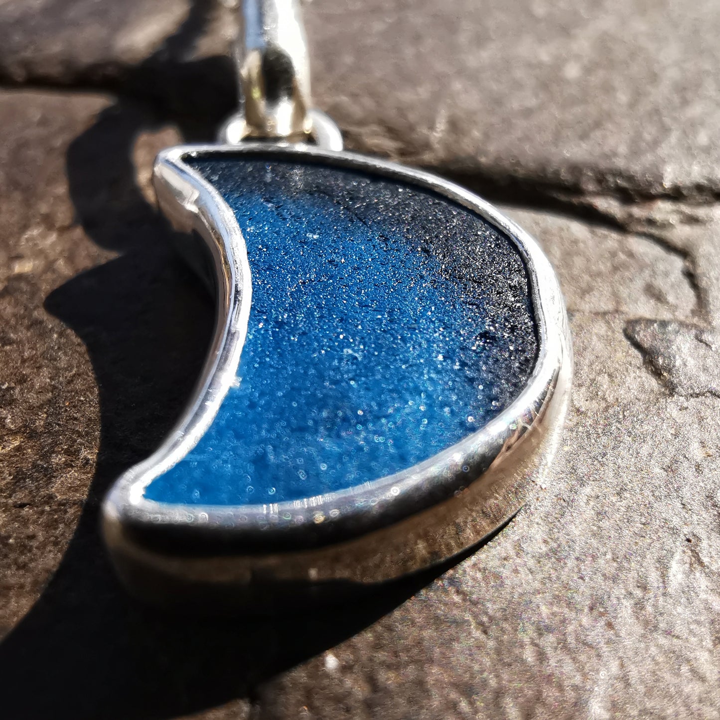 Scottish teal blue crescent moon sea glass & sterling silver pendant.