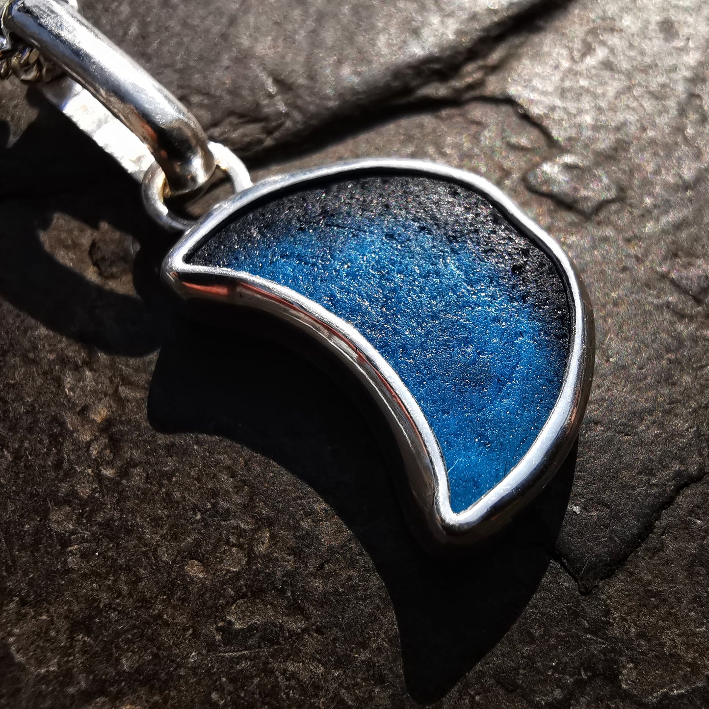Scottish teal blue crescent moon sea glass & sterling silver pendant.