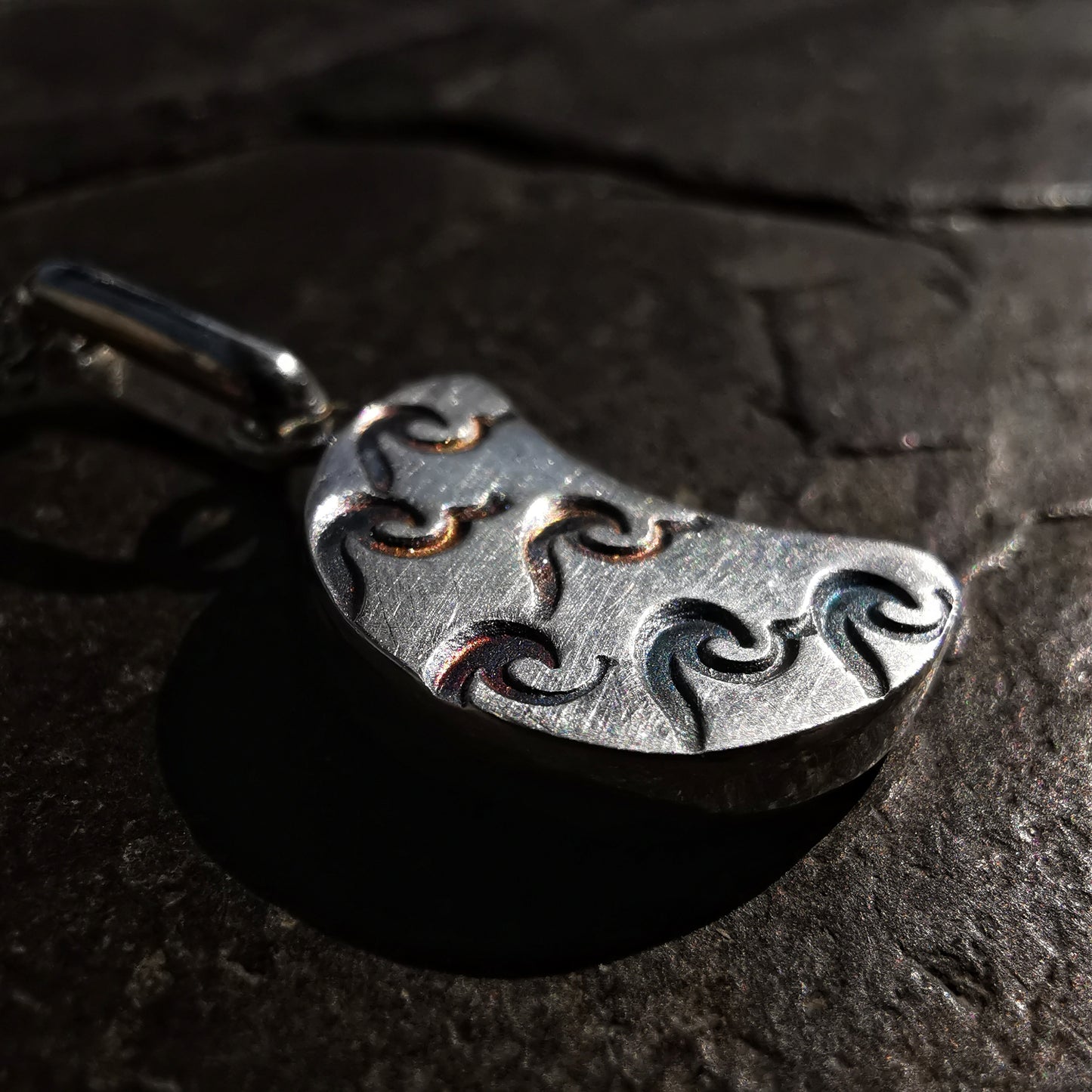 Scottish teal blue crescent moon sea glass & sterling silver pendant.