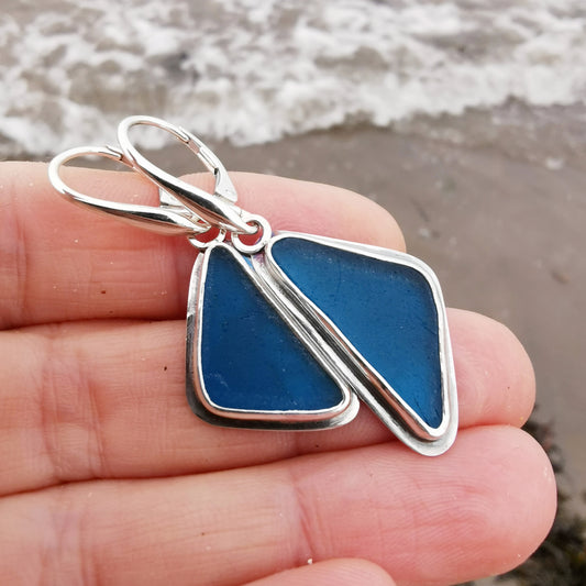 Mismatched teal sea glass & sterling silver earrings